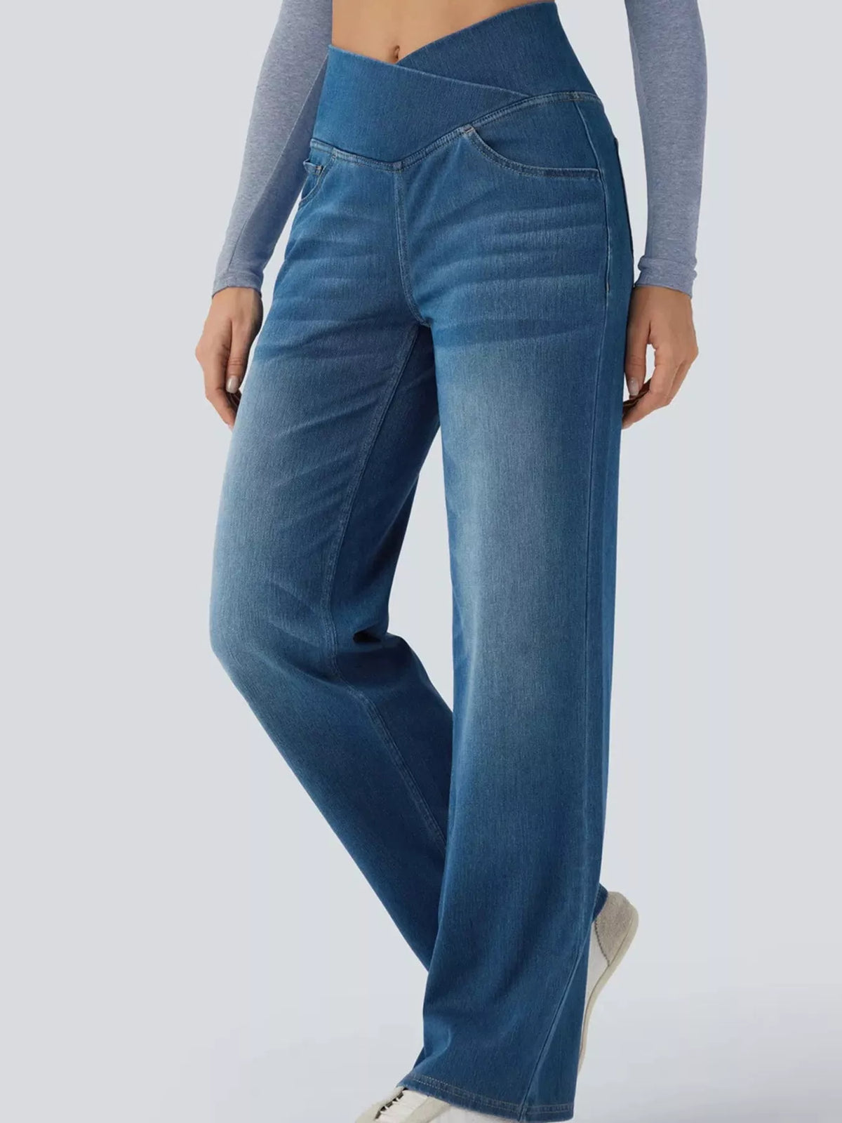 High-Waisted Crossover Straight-Leg Jeans, front view