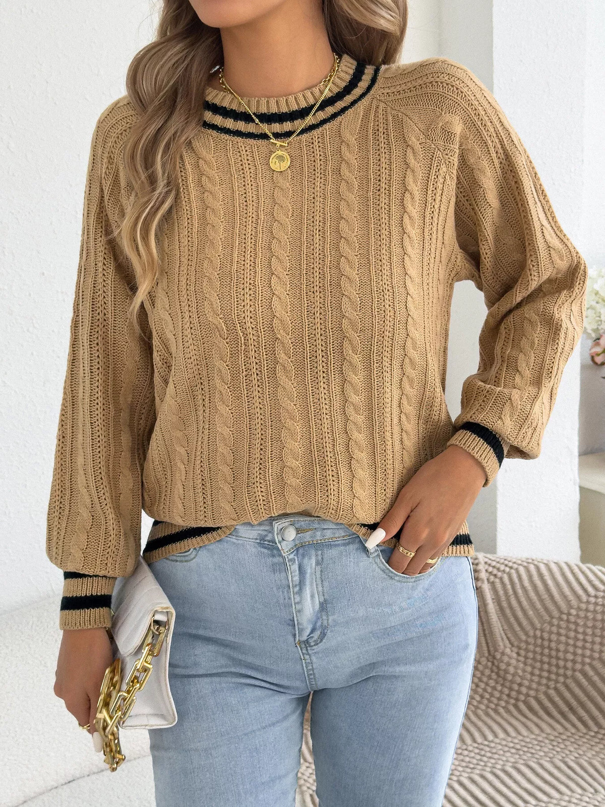 Burgundy striped trim cable knit sweater
