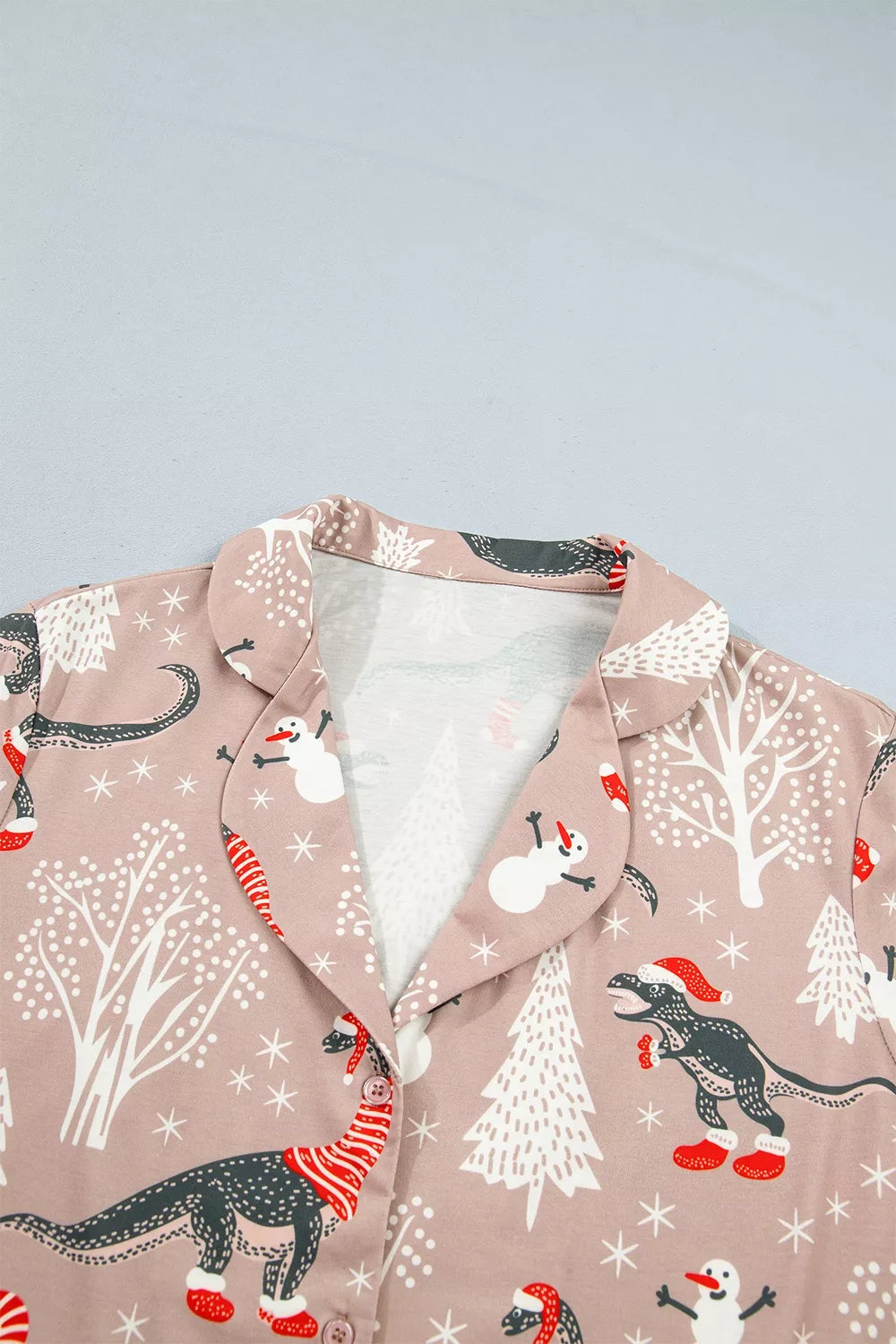Christmas Dinosaur Print Lounge Top and Pants Set, collar detail