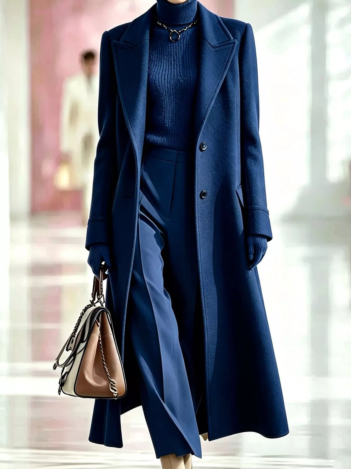 Women's Lapel Collar Longline Coat in navy — front view