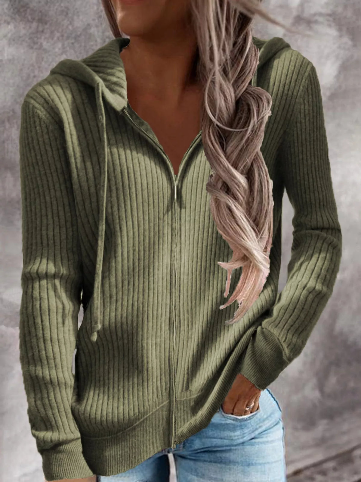 Army Green Ribbed Knit Zip-Up Hooded Cardigan, front view