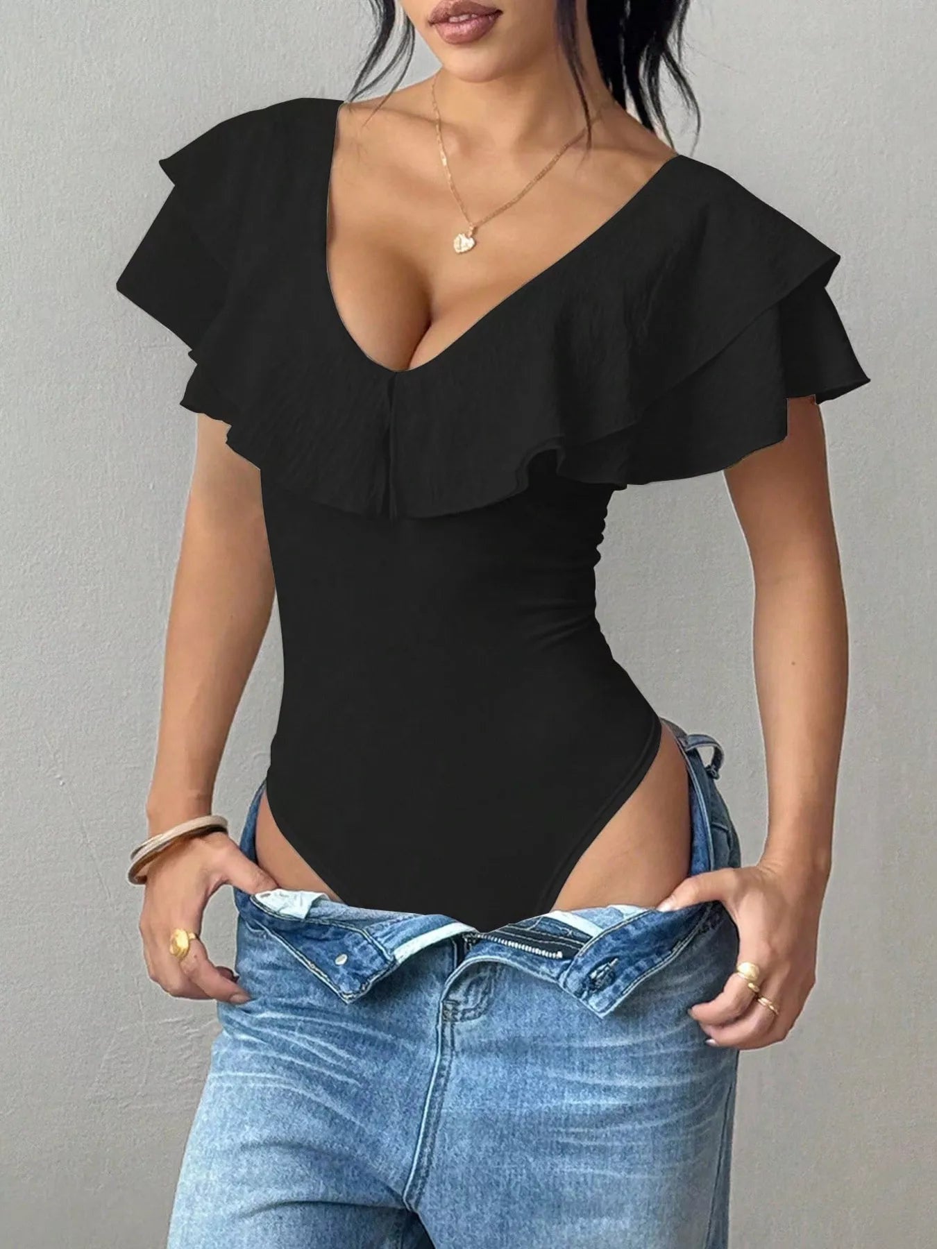 Trendsi Ruffle Trim V-Neck Bodysuit -