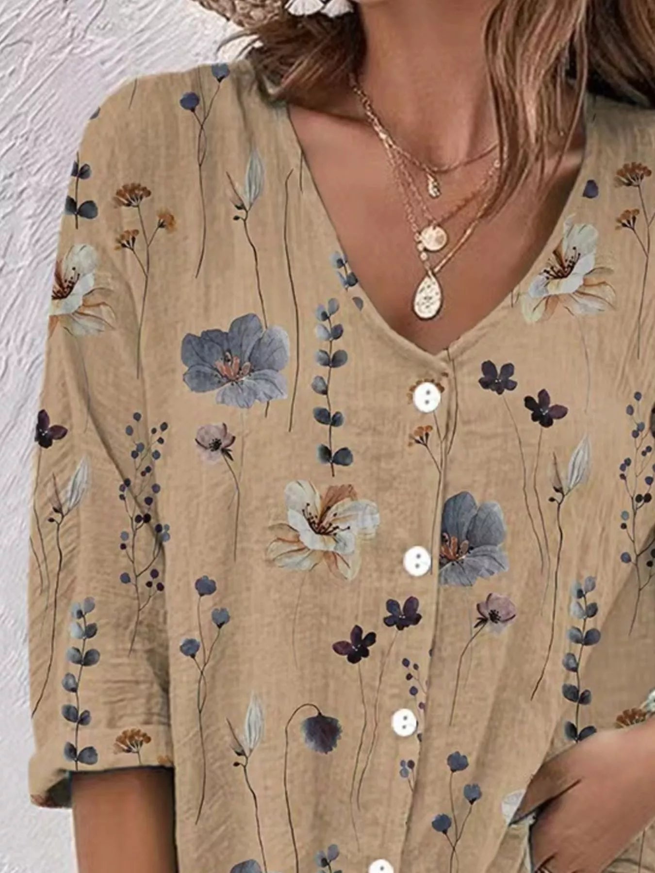Trendsi Floral Print V-Neck Button-Down Shirt -
