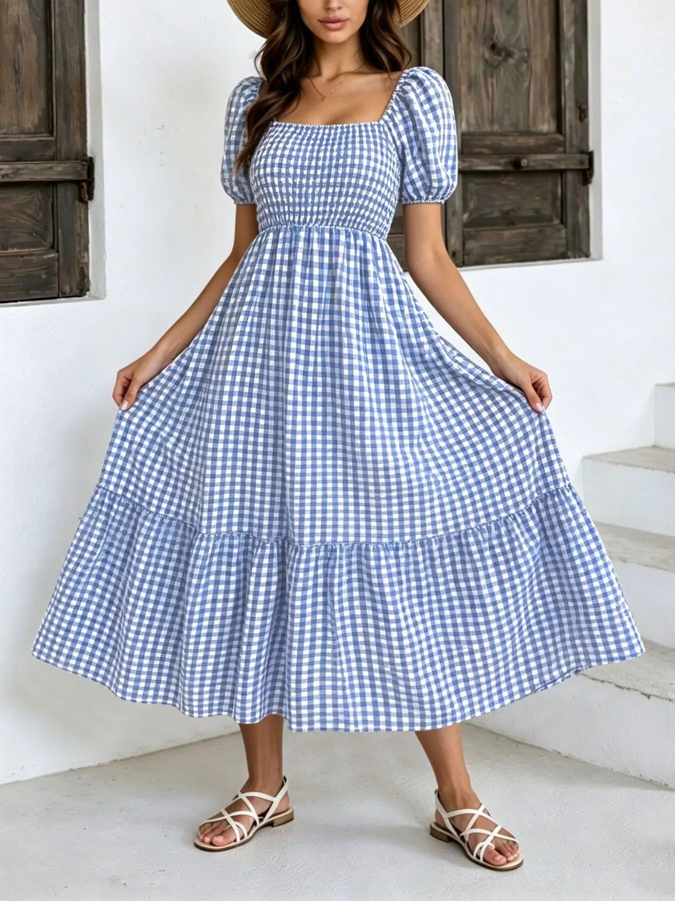 Trendsi Gingham Smocked Puff Sleeve Midi Dress -