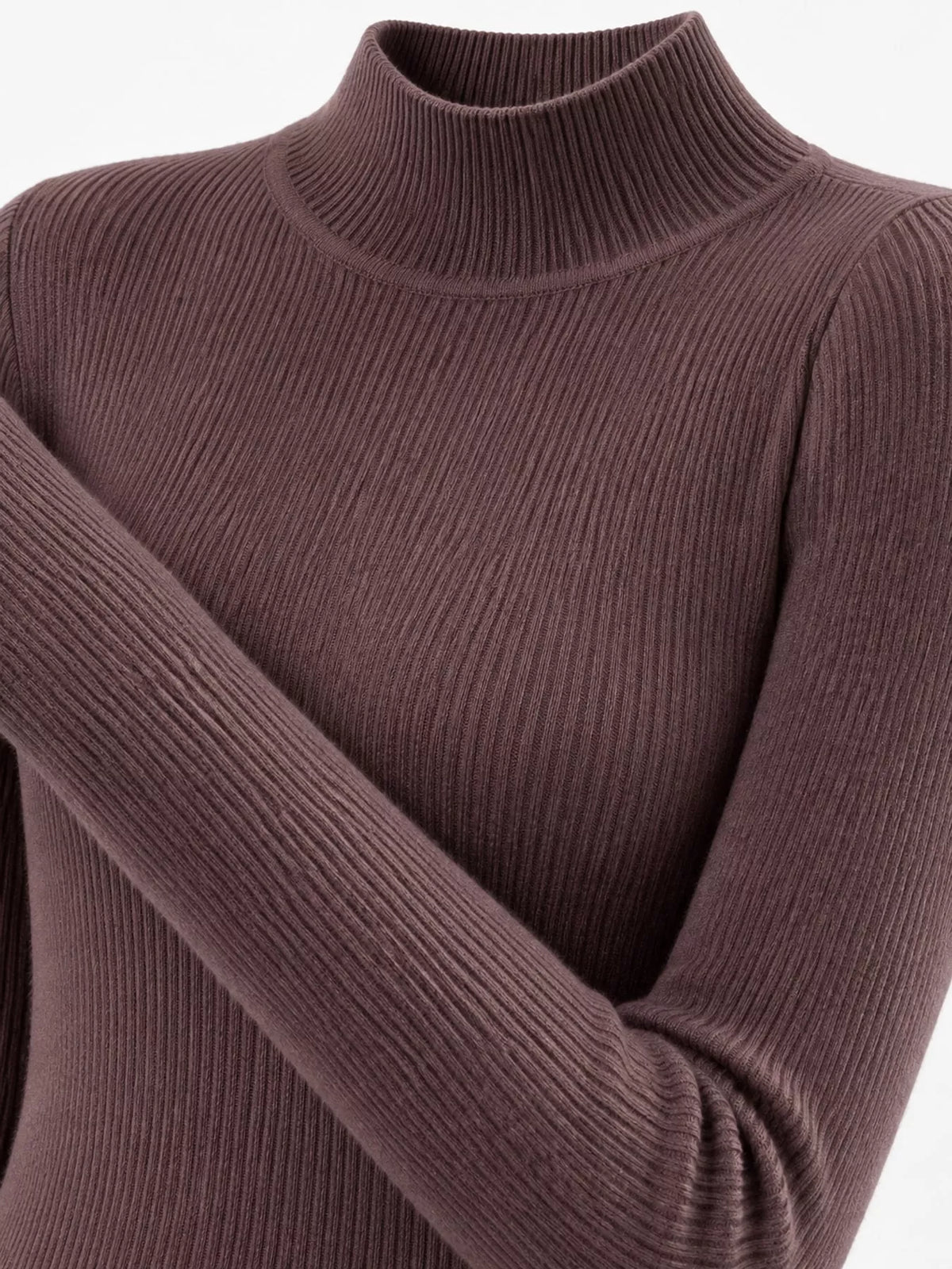Brown ribbed mock neck long sleeve knit top, ribbed knit and neckline detail