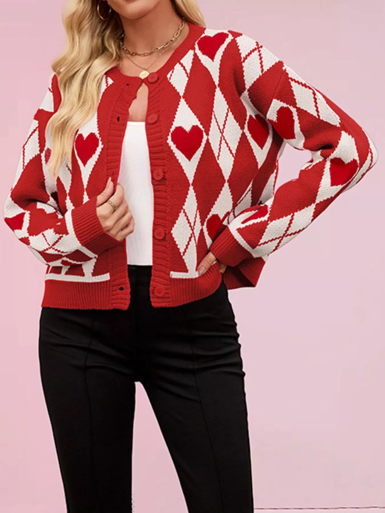 Trendsi Argyle Heart Pattern Button-Up Knit Cardigan -