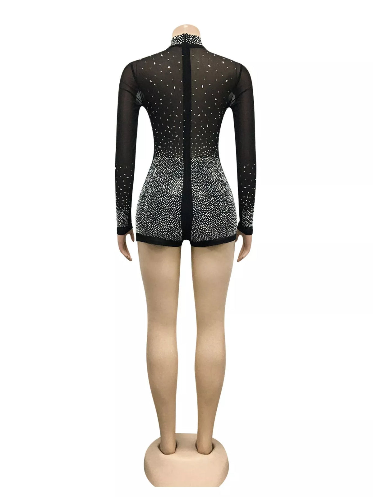 Sheer Rhinestone Embellished Long Sleeve Romper, back view in black