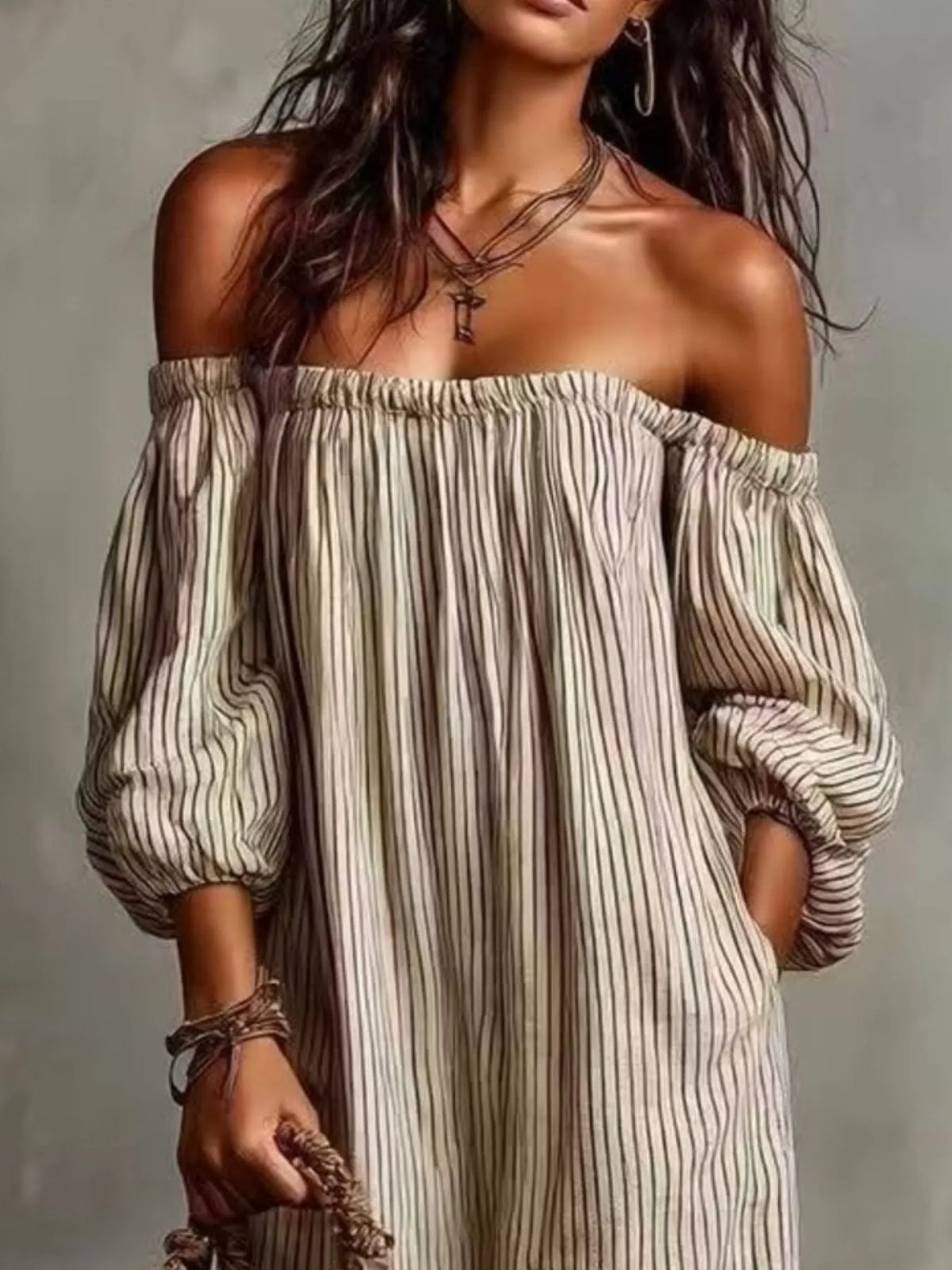 Trendsi Full Size Off-Shoulder Striped Maxi Dress with Puff Sleeves Plus Size -