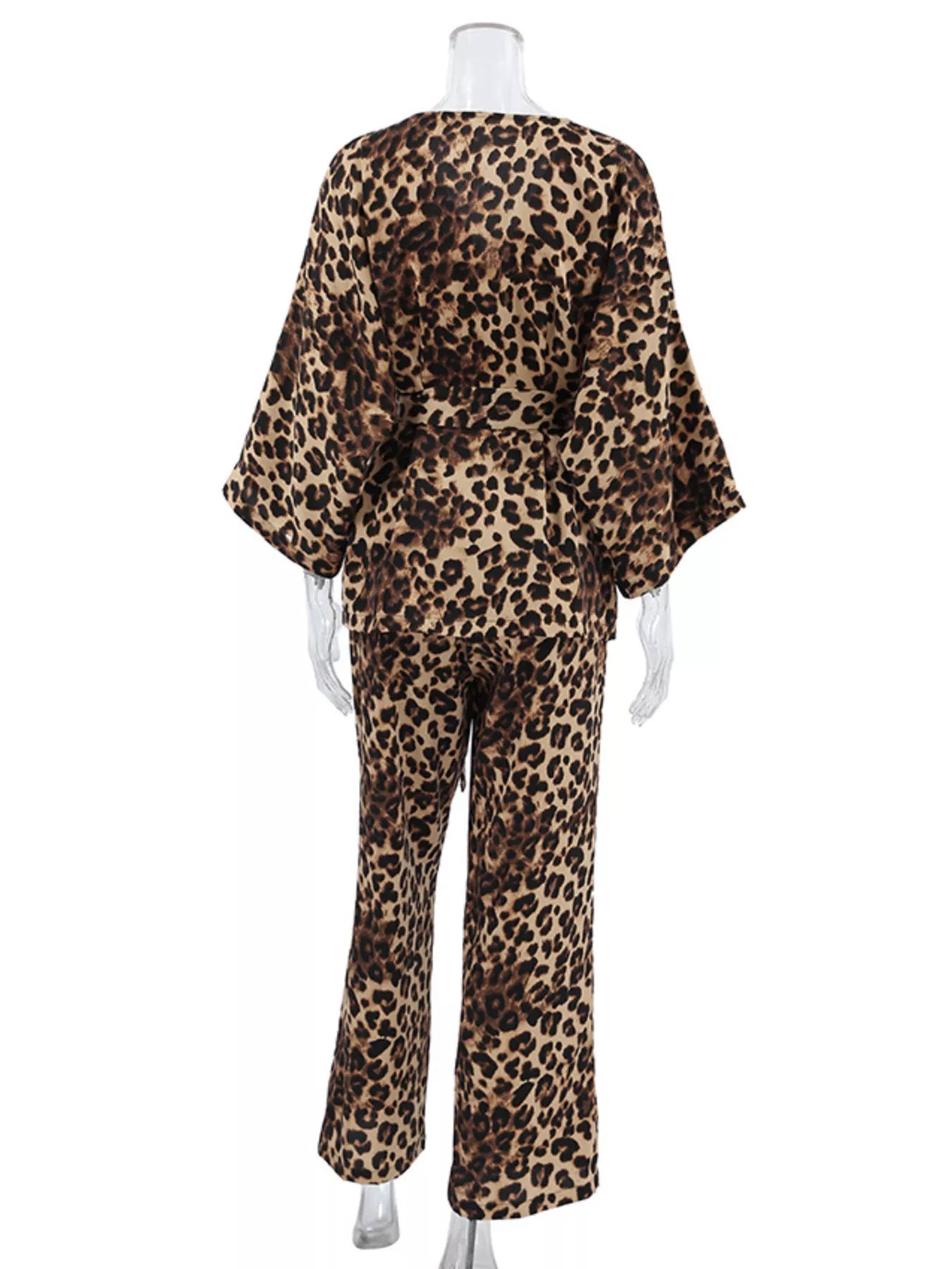 Trendsi Leopard Cardigan and Wide Leg Pants Lounge Set -