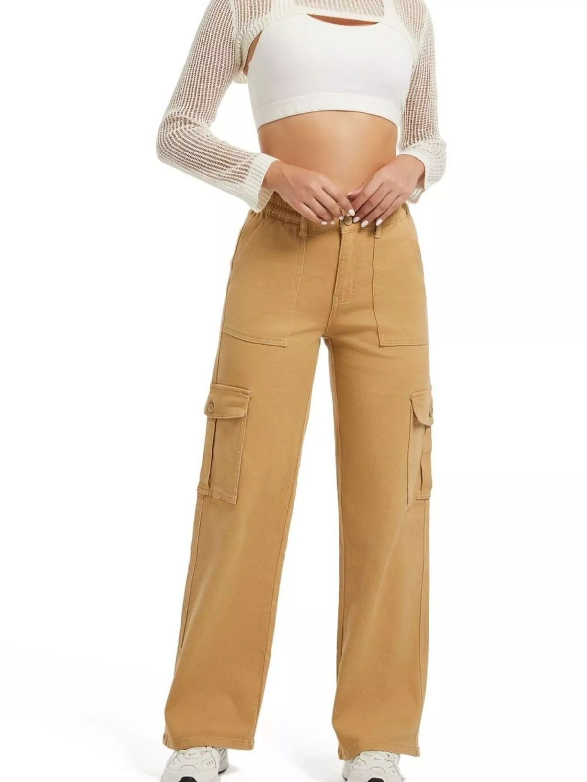 Tan wide-leg cargo jeans, front view with hands at waist