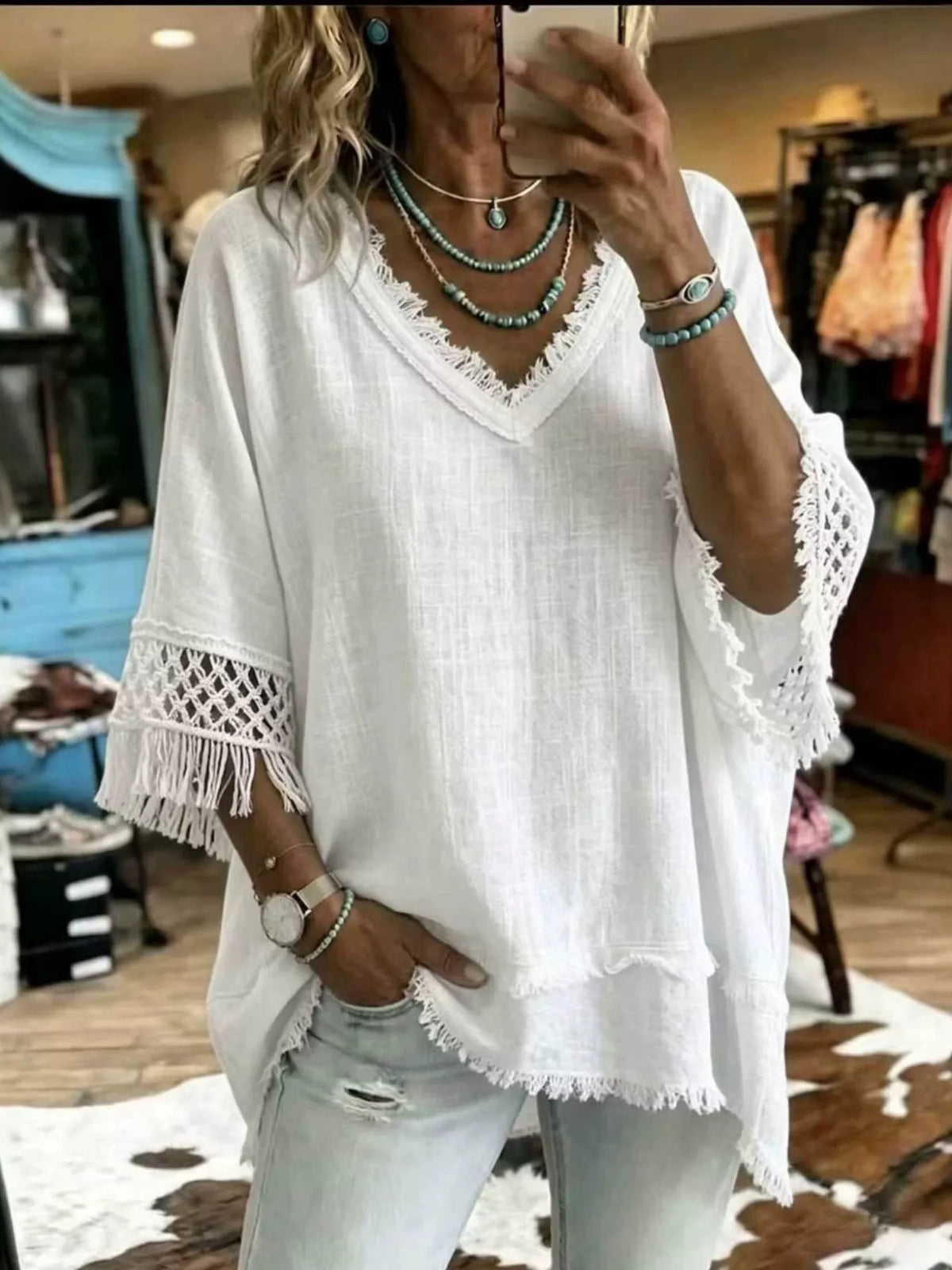 White Fringe Trim V-Neck Loose Fit Blouse front view
