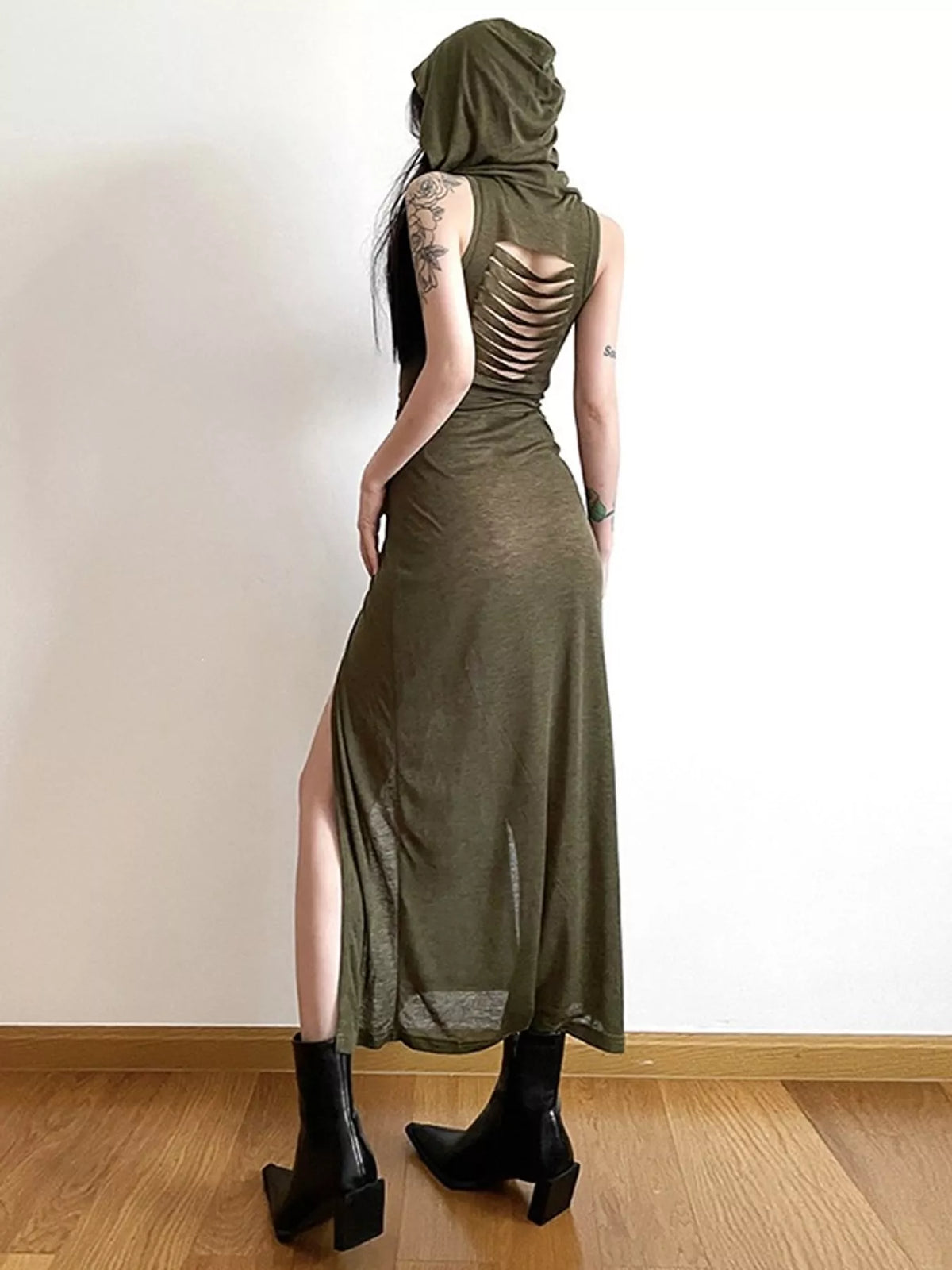 Olive green sleeveless high slit hooded maxi dress, back view
