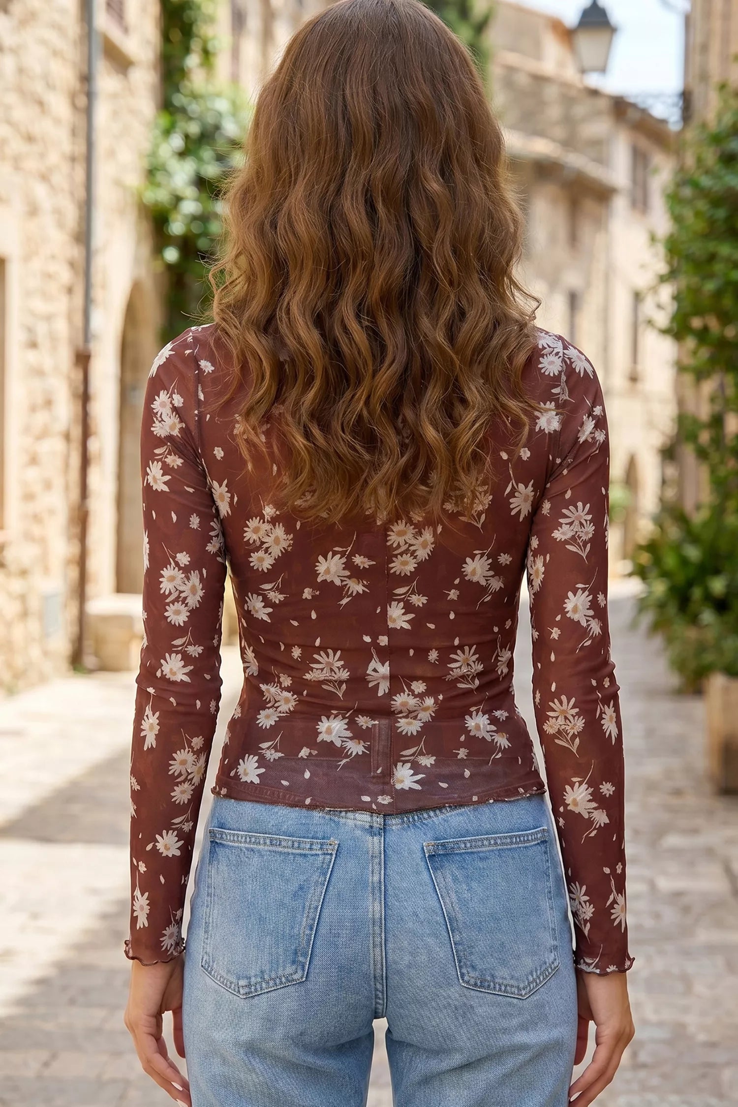 Trendsi Floral Print Sheer Mesh Long Sleeve Top -