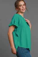 Trendsi Umgee Full Size Raw Hem Ruffle Short Sleeve Blouse Plus Size -