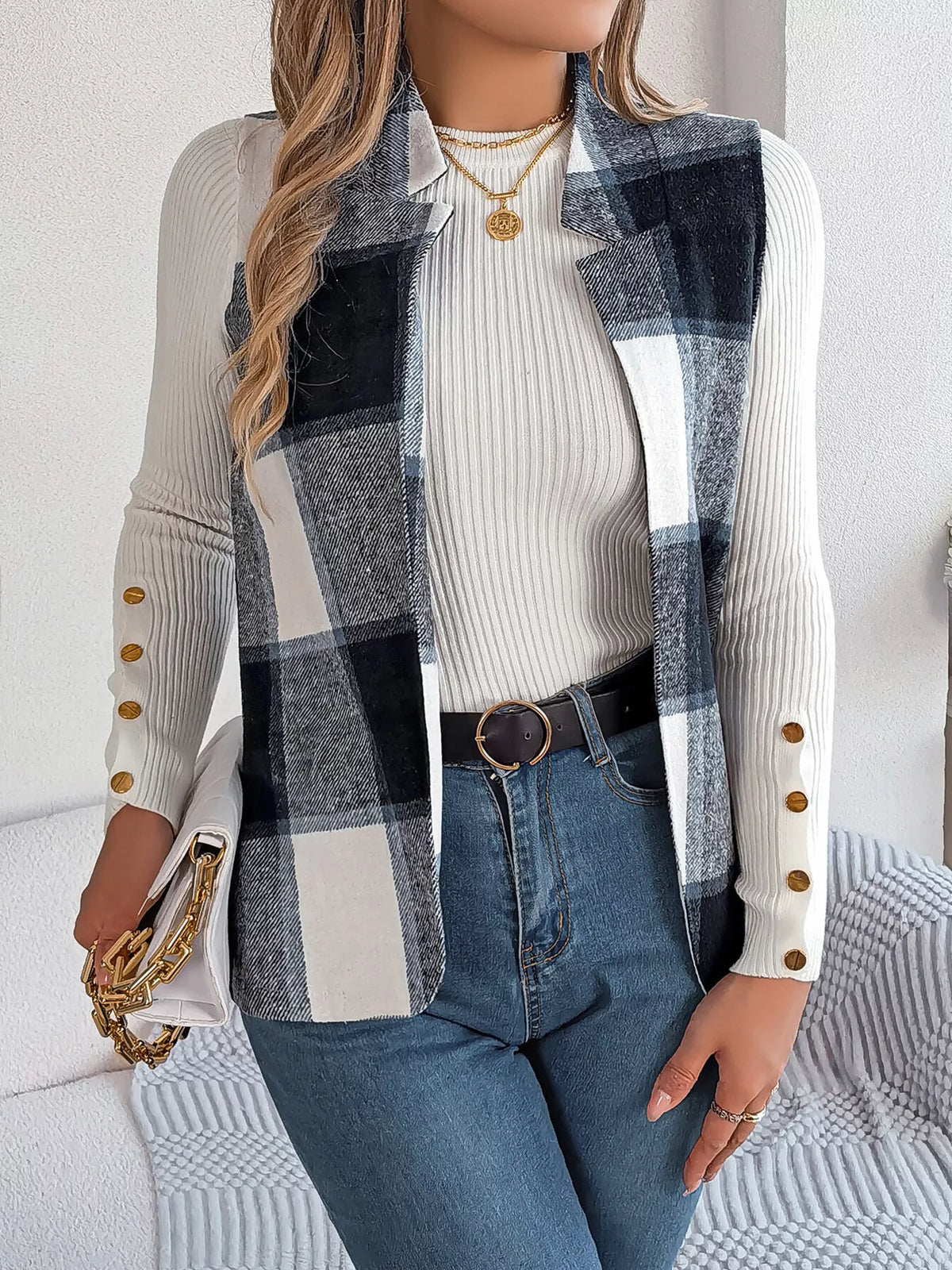 Navy Blue plaid open front vest
