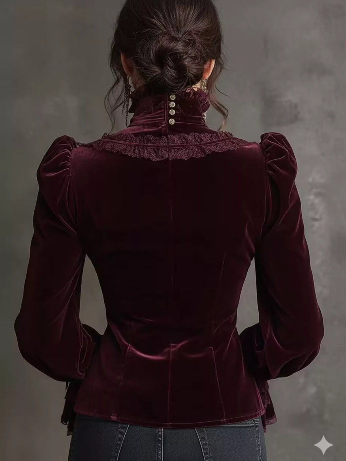 Red velvet long sleeve blouse, back view