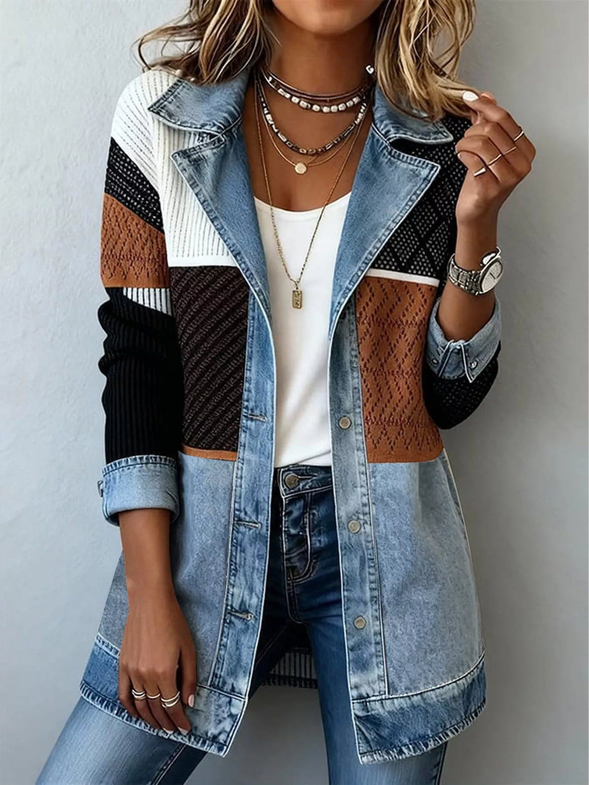 Trendsi Color-Block Denim and Knit Patchwork Casual Jacket -