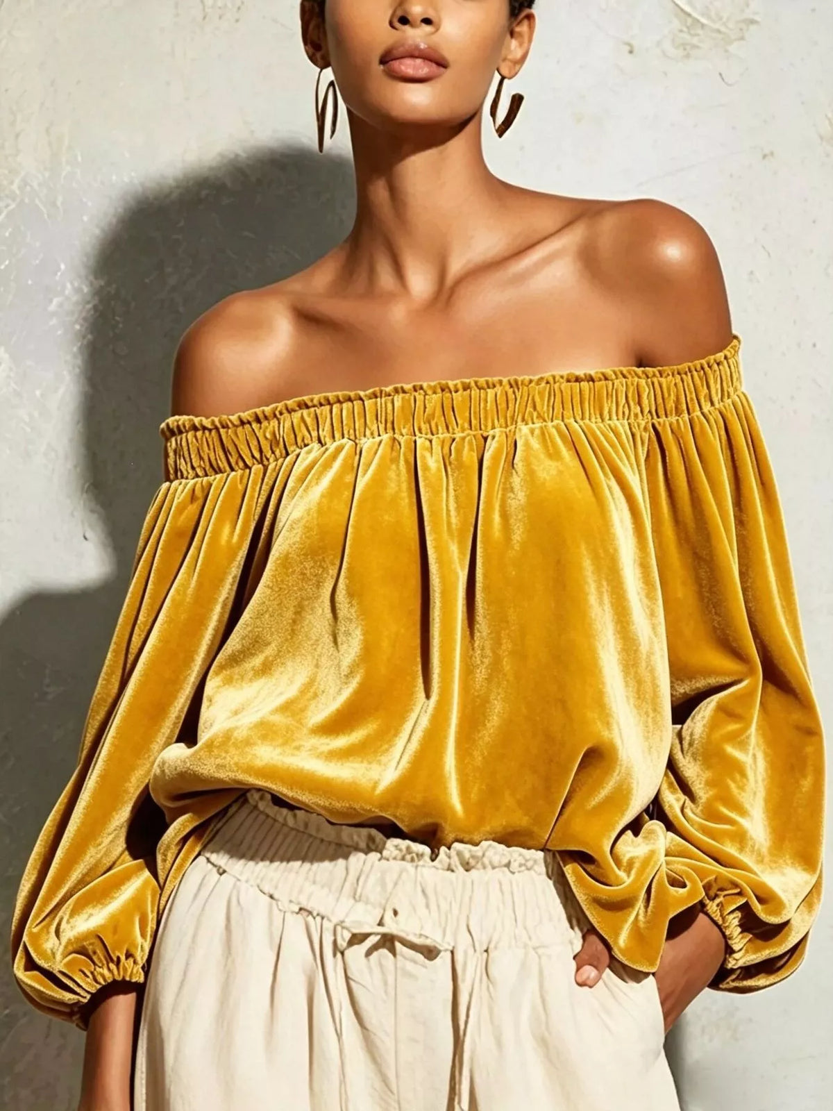 Trendsi Off-Shoulder Velvet Long Sleeve T-Shirt -