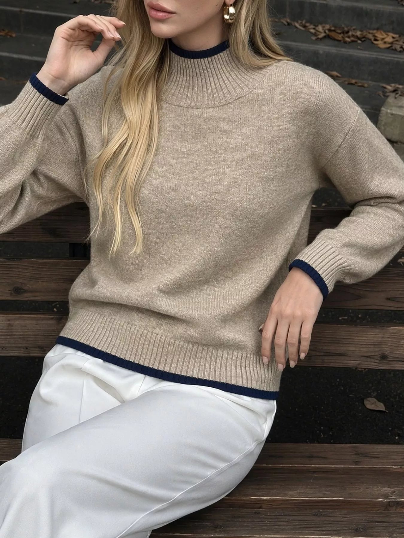 Trendsi Cozy Mock Neck Sweater with Contrast Trim -