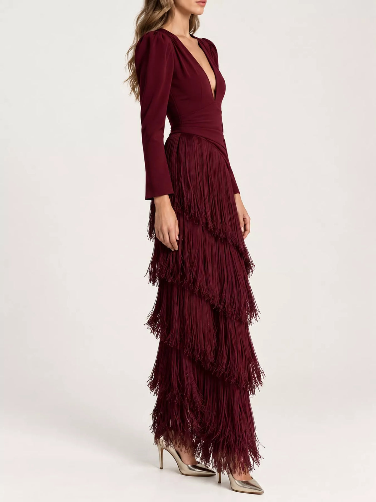 Women's Fringed V-Neck Puff Sleeve Midi Dress in burgundy — side view