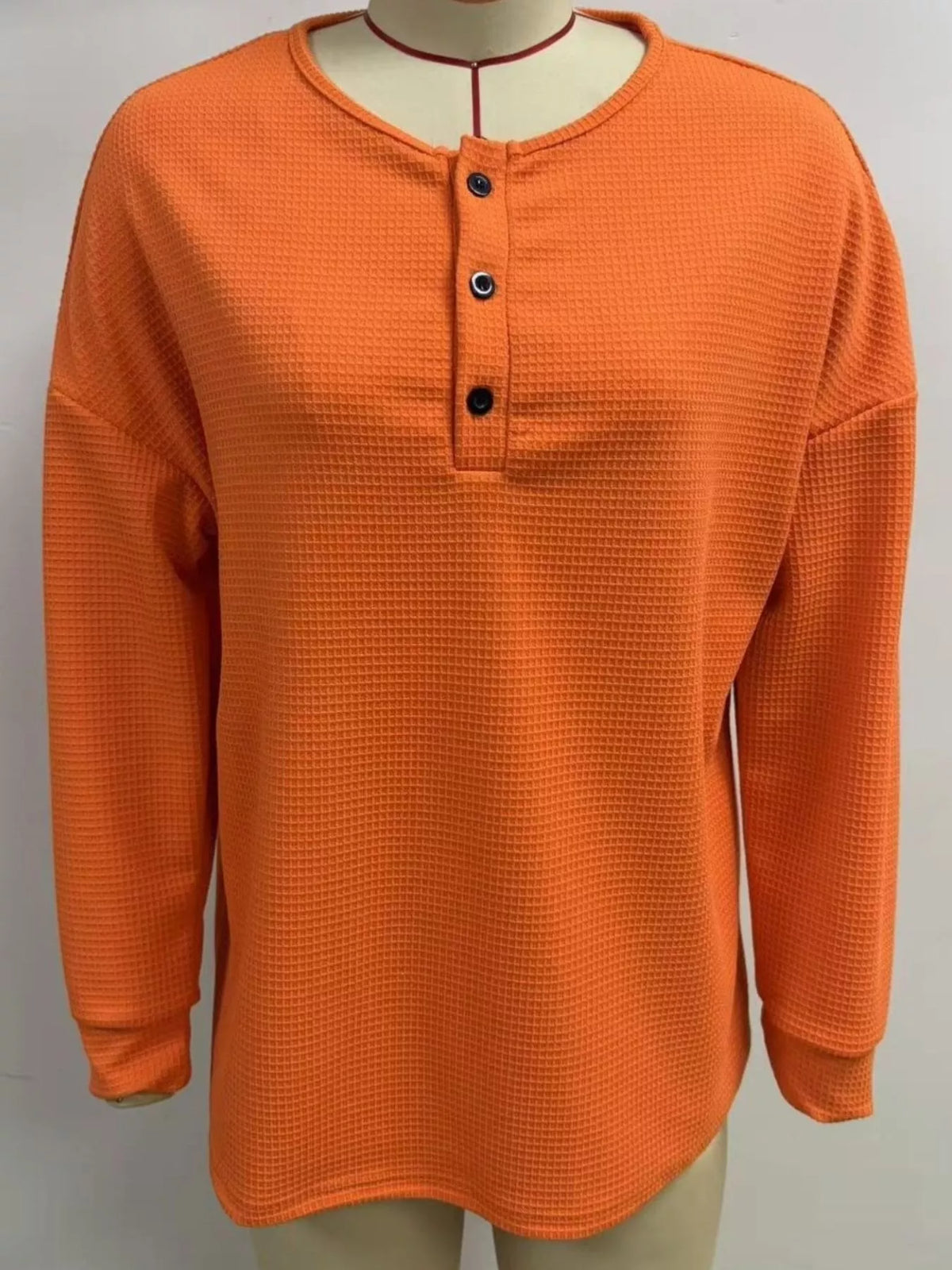 Waffle Knit Button Detail Top in orange, dress form front view