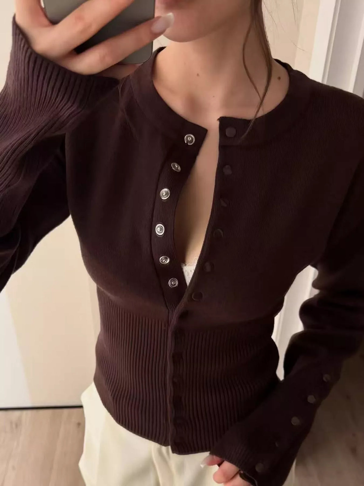 Coffee button up ribbed waist cardigan