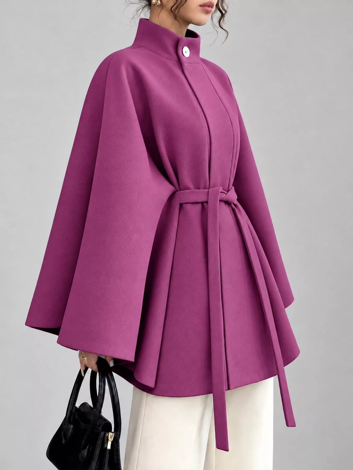 Purple tie-waist cape — side view