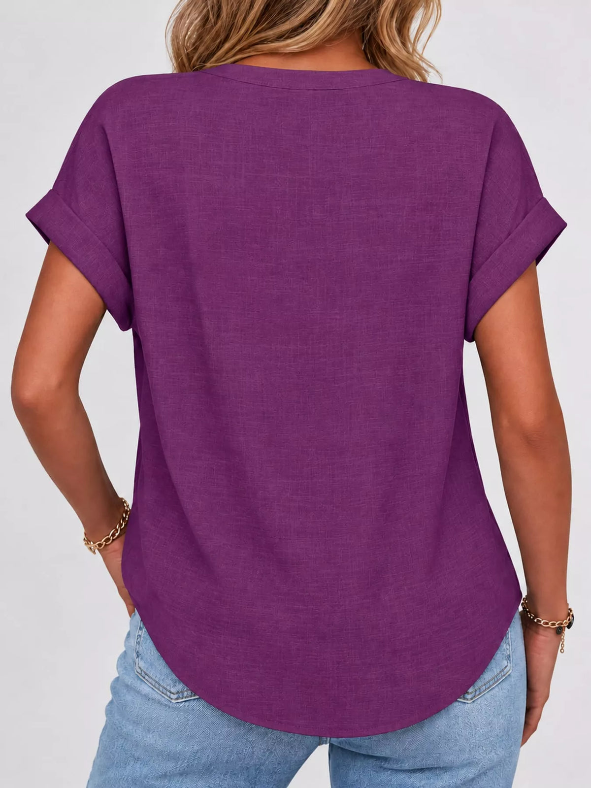 Purple button detail short sleeve blouse, back view