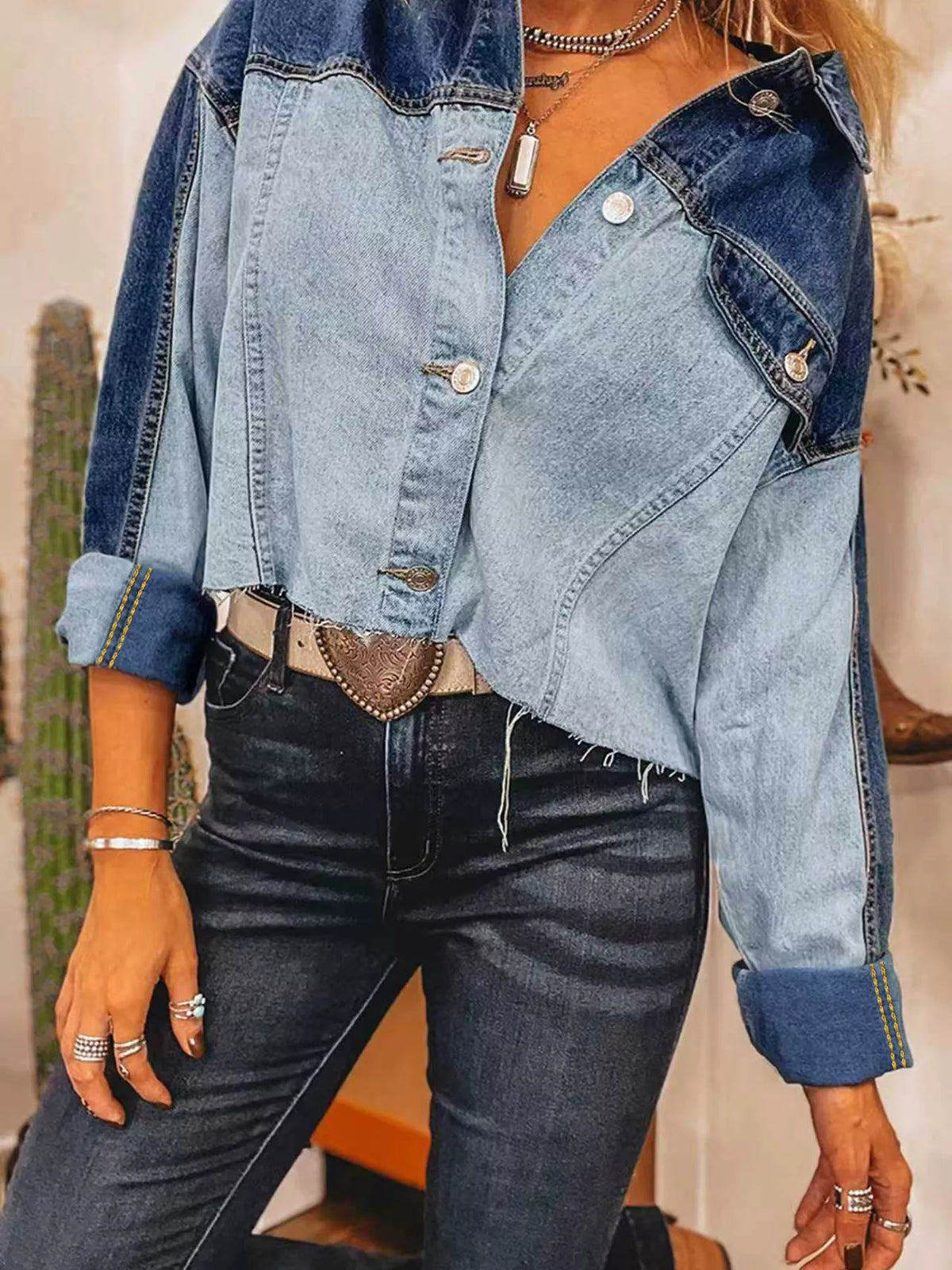 Trendsi Raw Hem Two-Tone Denim Jacket -