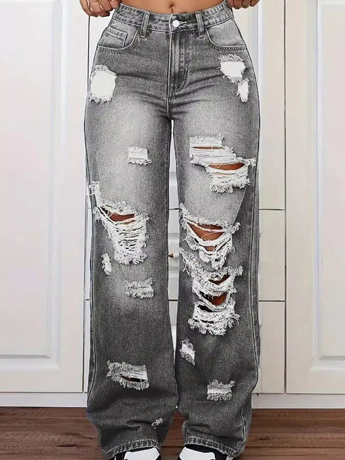 Distressed Wide-Leg Jeans in gray, front view