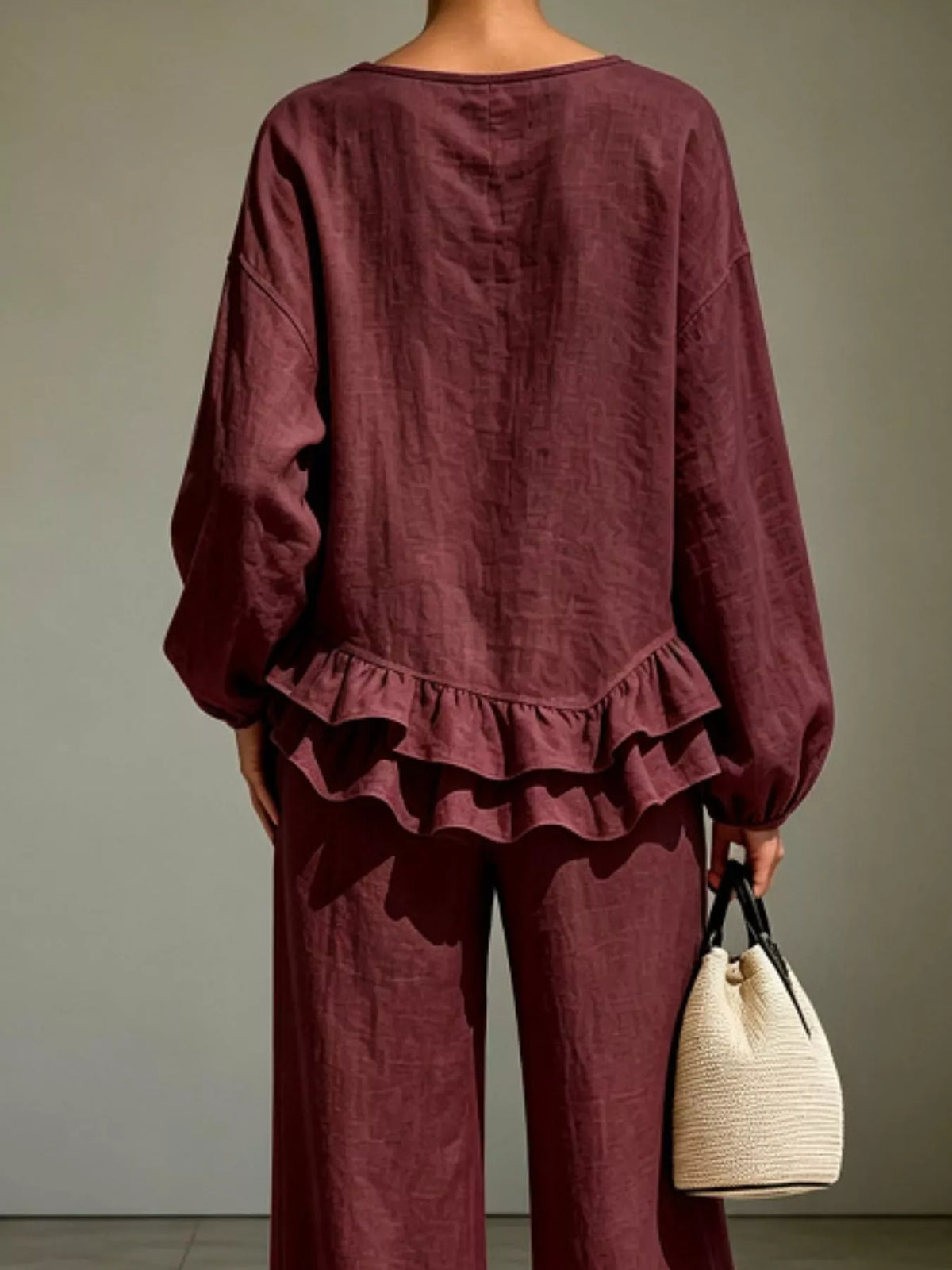 Ruffled Hem Long Sleeve Top and Pants Set — back view