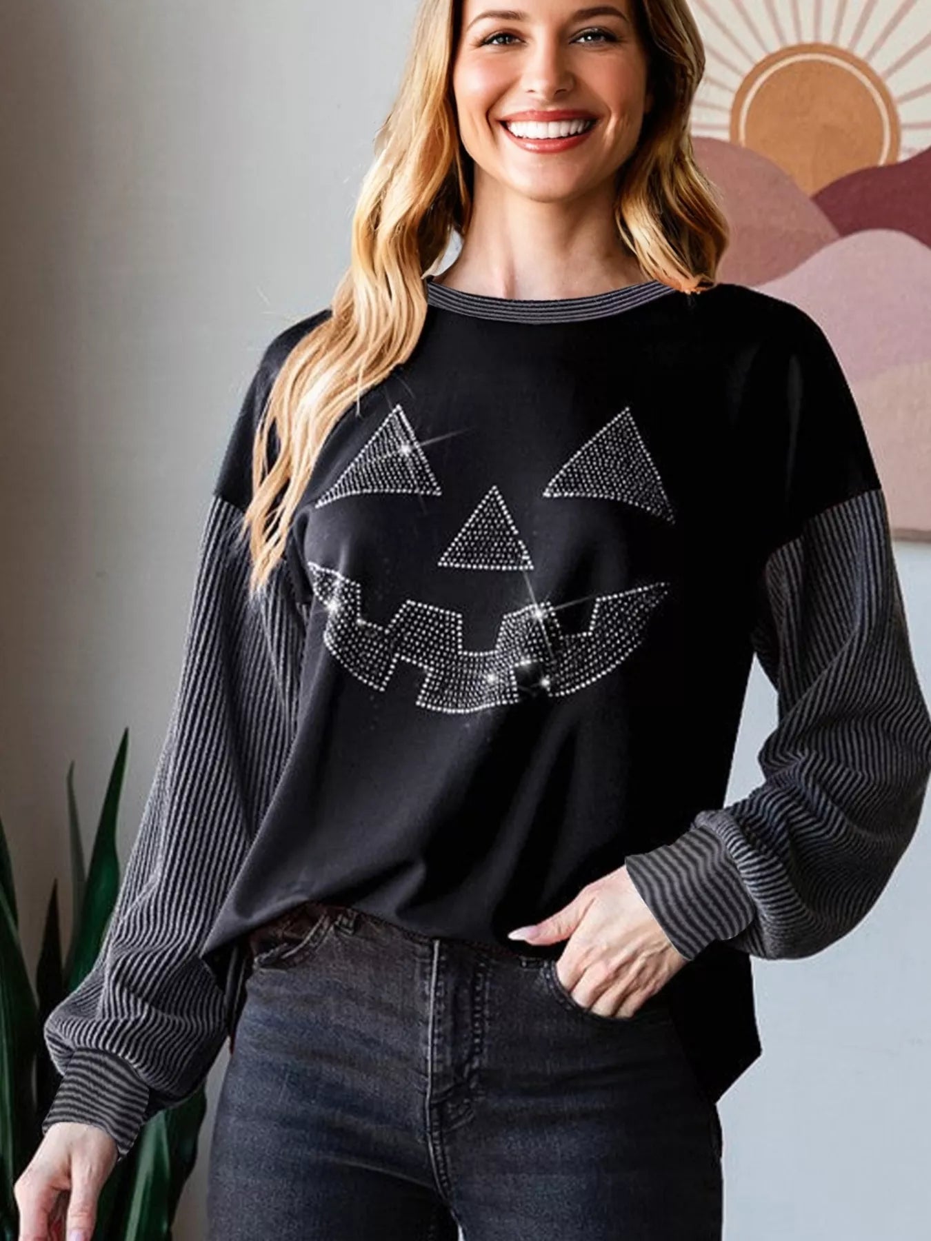 Trendsi Halloween Rhinestone Pumpkin Face Contrast Ribbed Long Sleeve Patchwork Top -