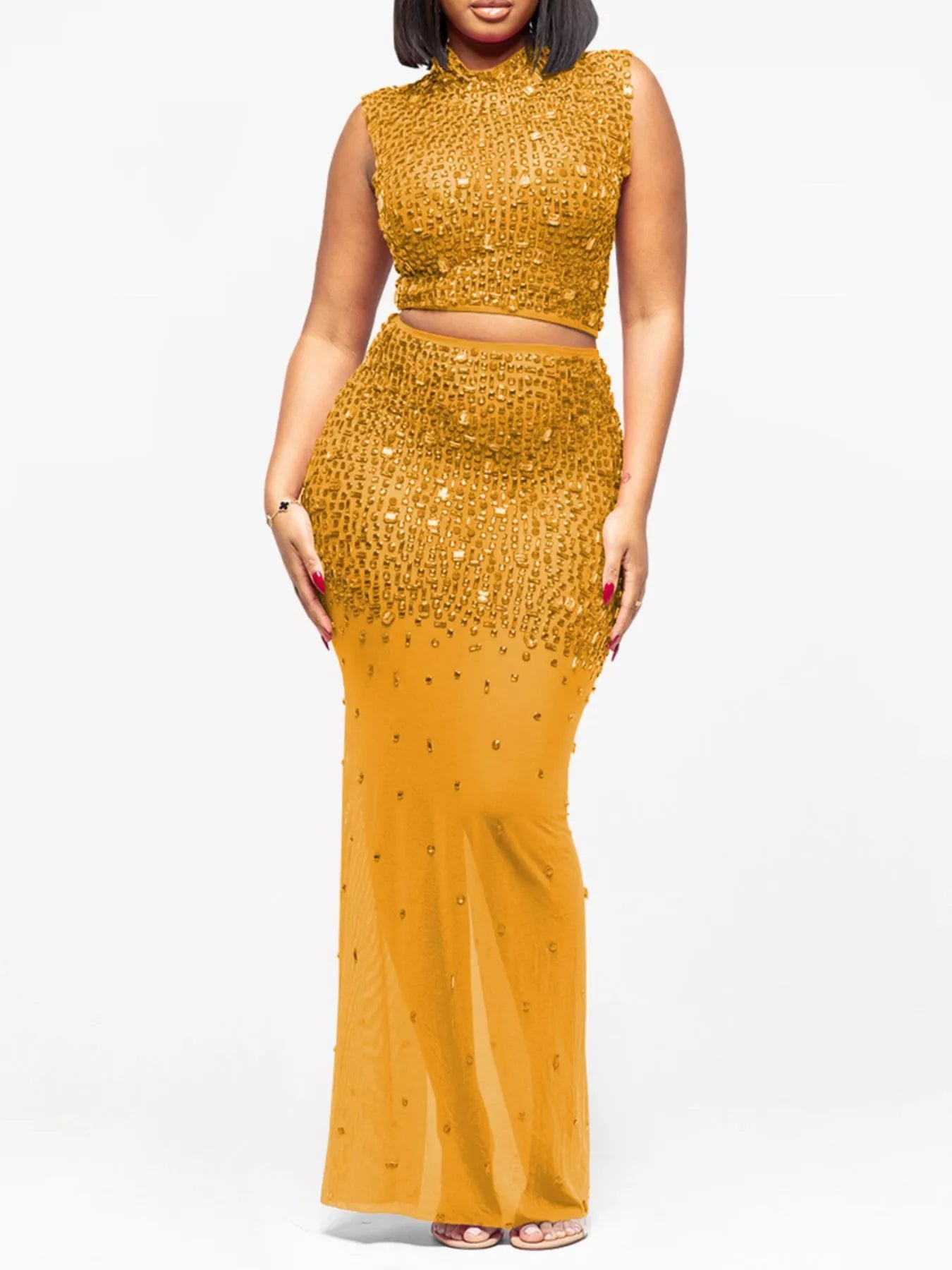 Trendsi Rhinestone Sleeveless Top and Skirt Set -