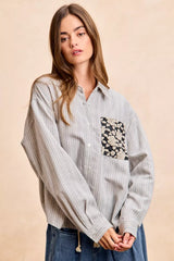Trendsi BiBi Flower Jacquard Knit Patch Pocket Stripe Shirt -