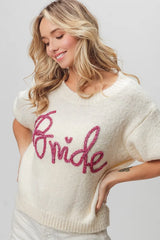Trendsi BiBi Metallic Letter Short Puff Sleeve Hairy Sweater -