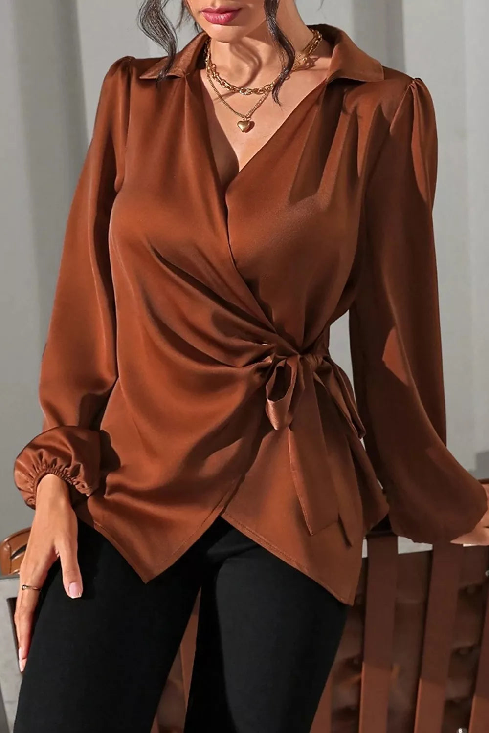 Trendsi Satin Tied Detail Long Sleeve Blouse -