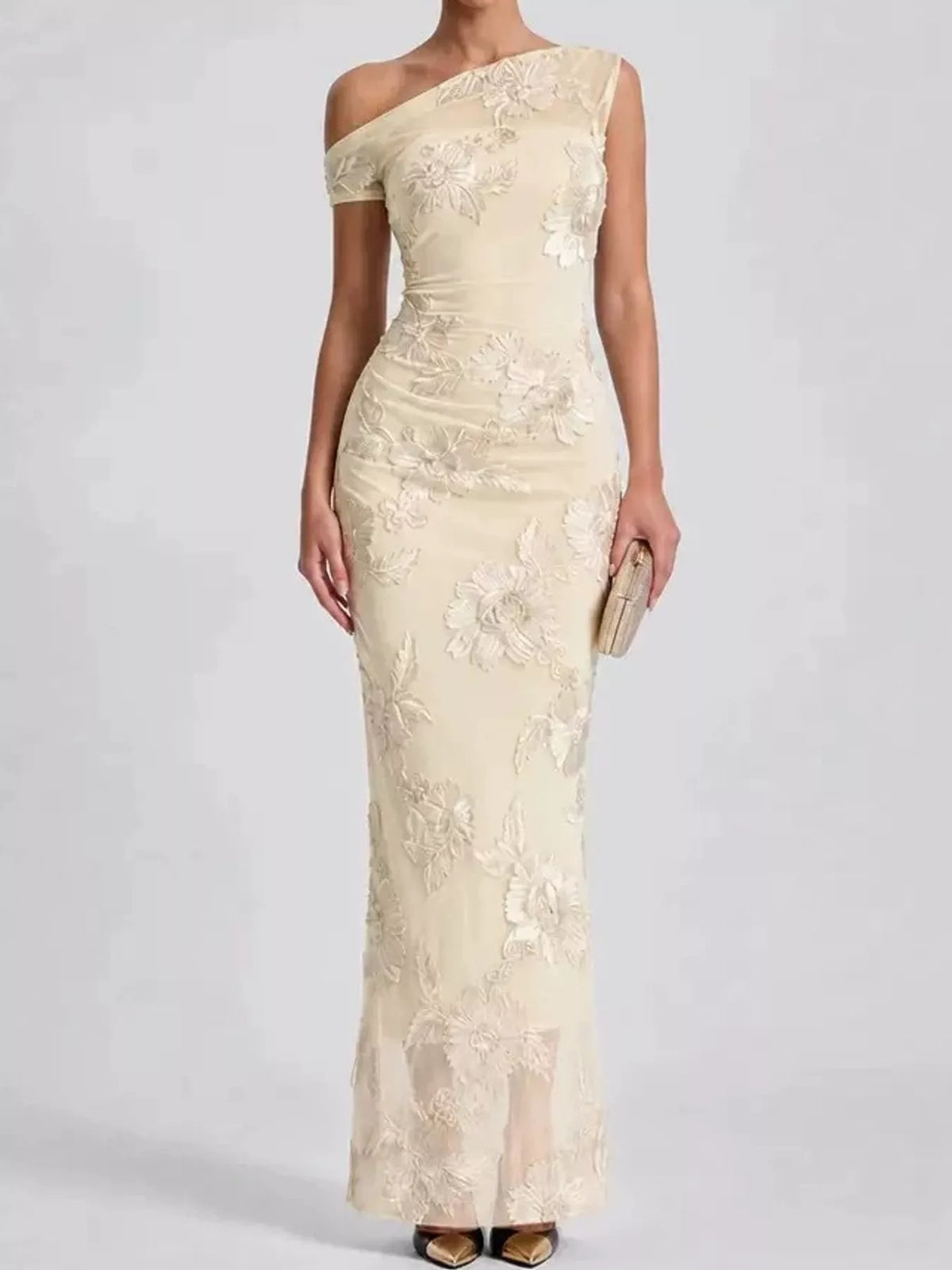 Apricot floral one-shoulder maxi dress, front view