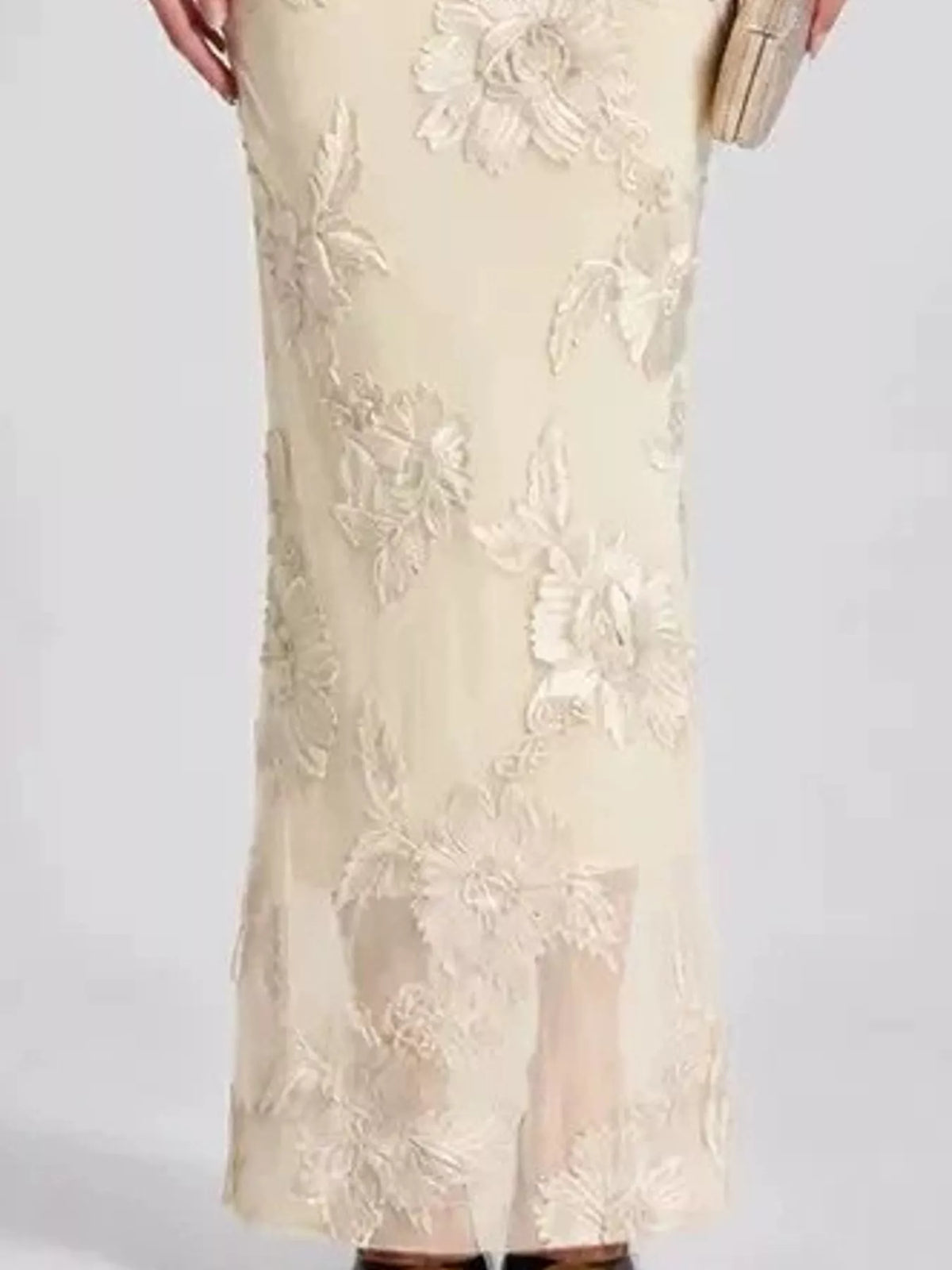 Apricot floral one-shoulder maxi dress, sheer hem detail
