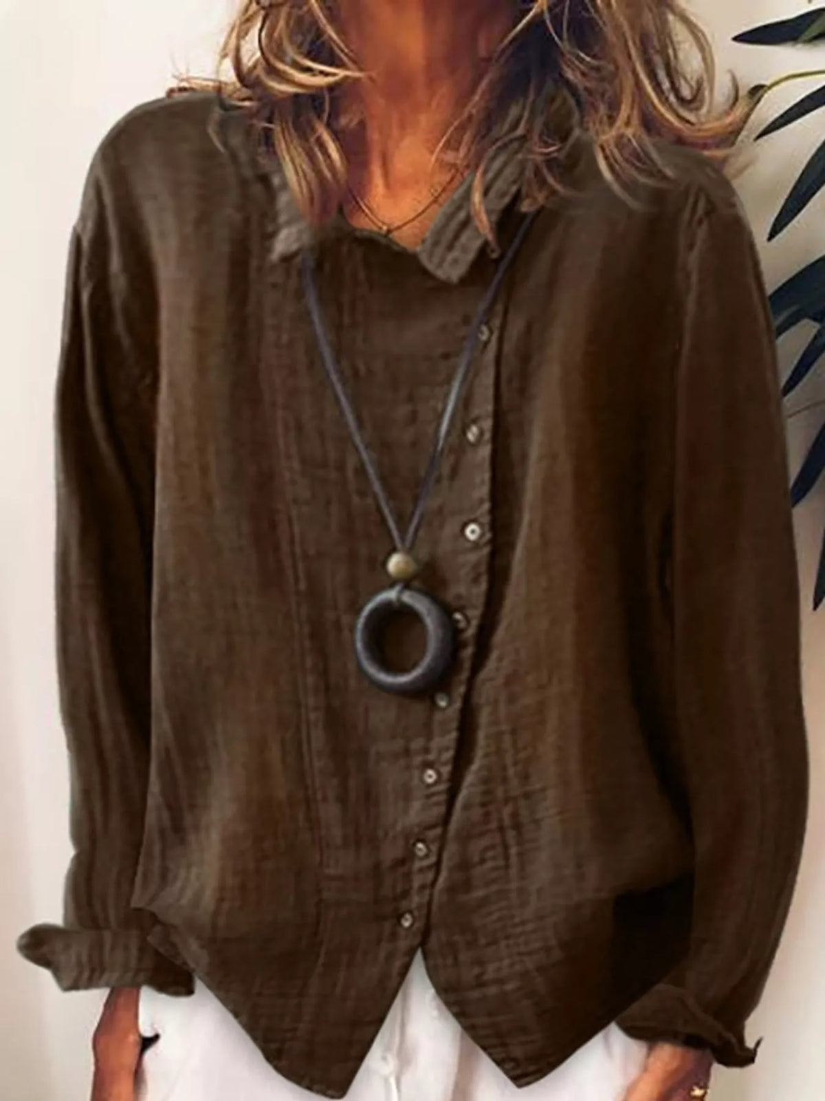 Brown asymmetric button-down long sleeve shirt