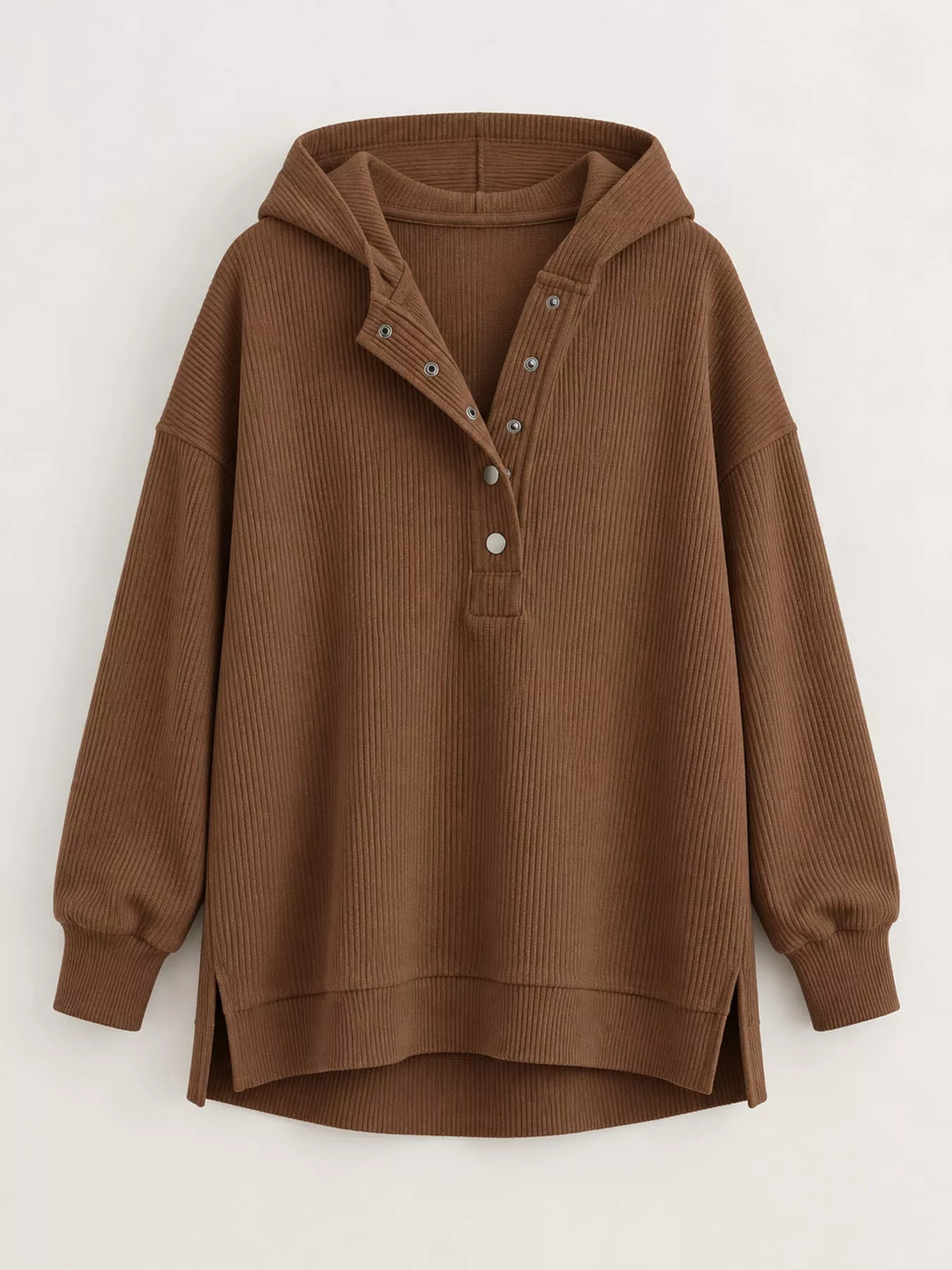 Women's Snap Button Placket Dropped Shoulder Hoodie in brown — flat lay view