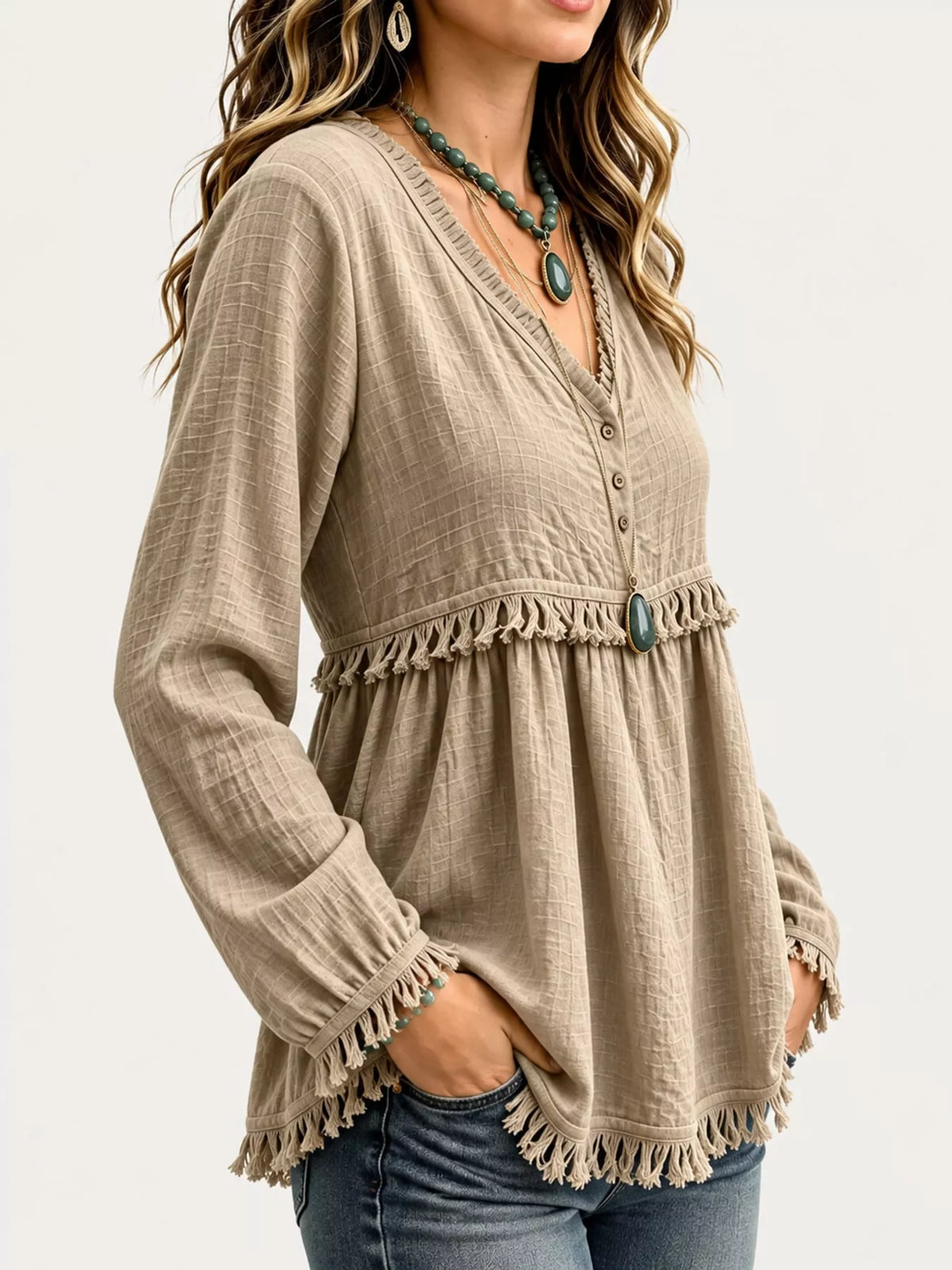 Fringe-trim blouse, taupe side