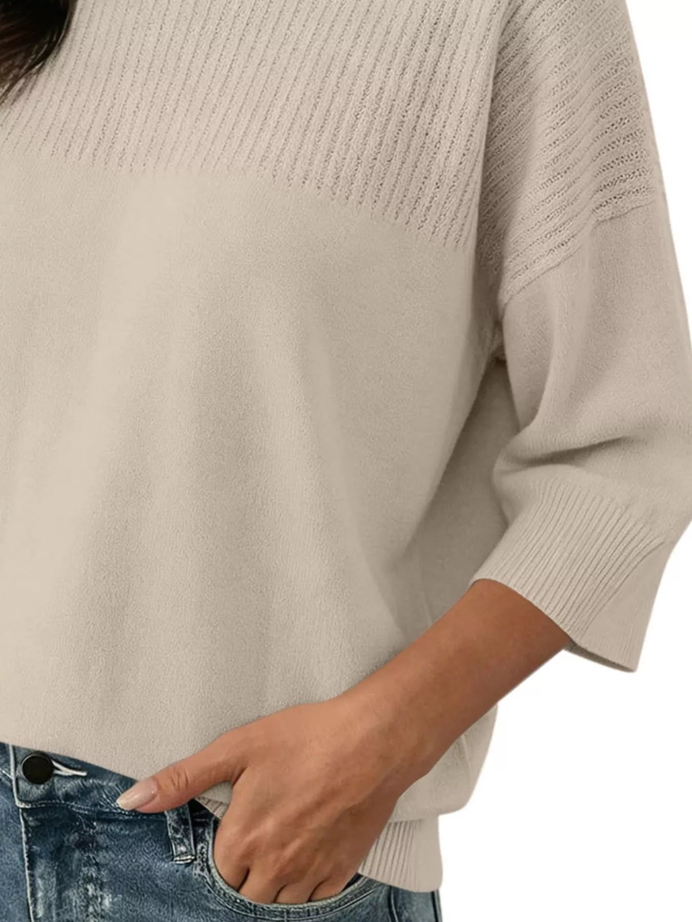 Trendsi Elegant Crew Neck Eyelet Ribbed Sweater -