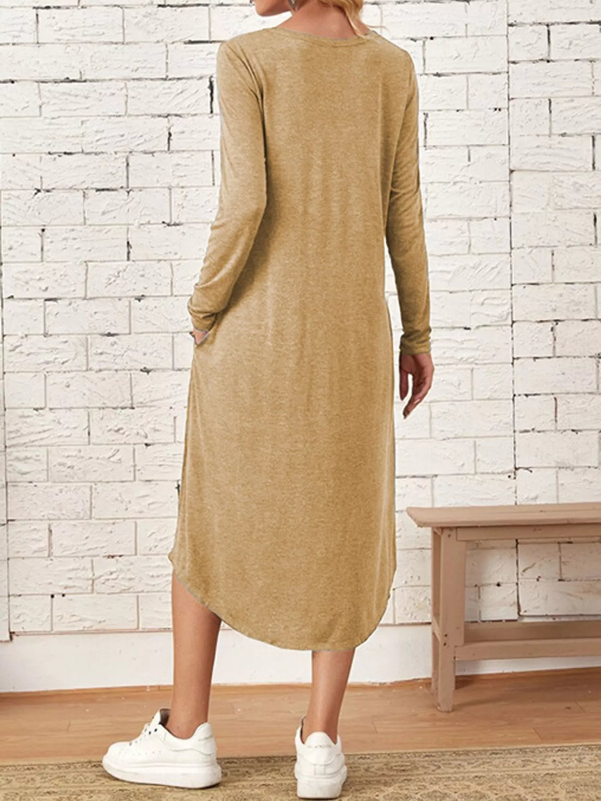 Round neck long sleeve midi dress, back view