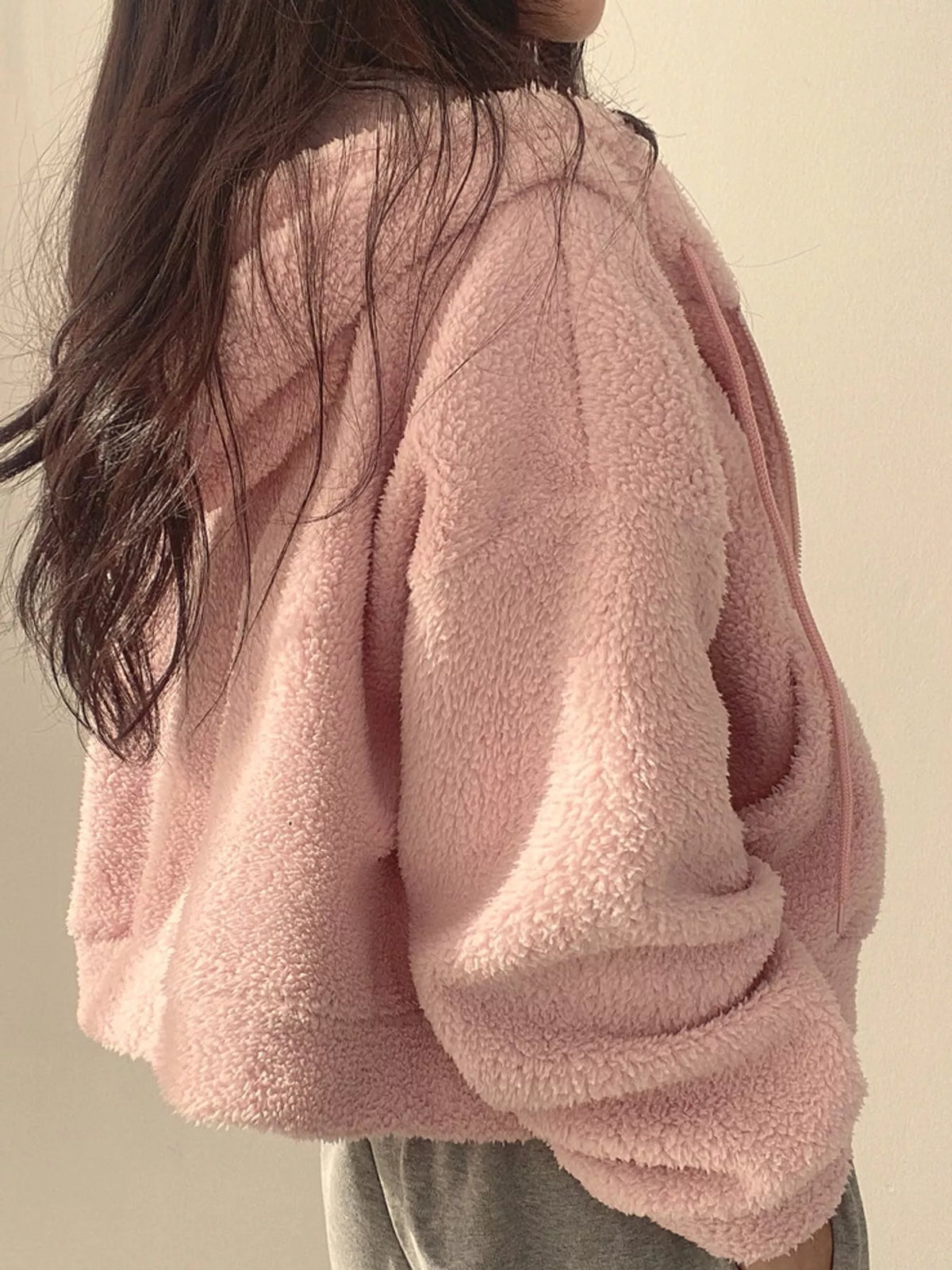 Cropped sherpa hoodie, pink side