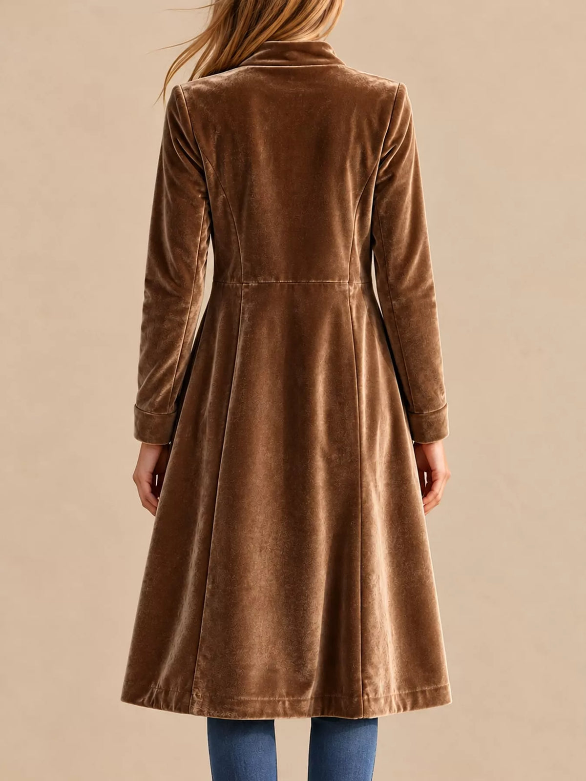 Brown velvet zip-up longline jacket, back view