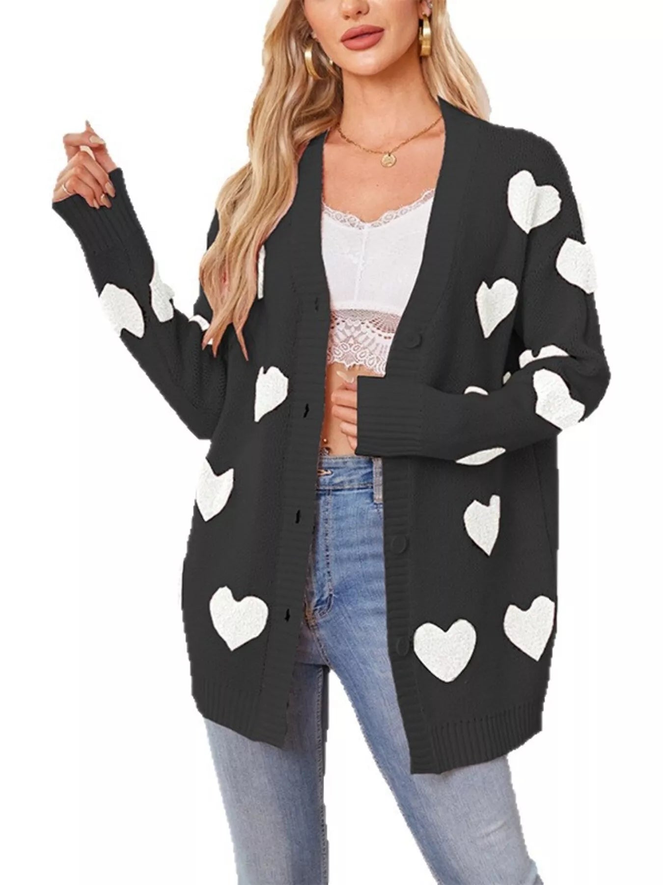 Trendsi Heart Pattern V-Neck Button-Down Knit Cardigan -