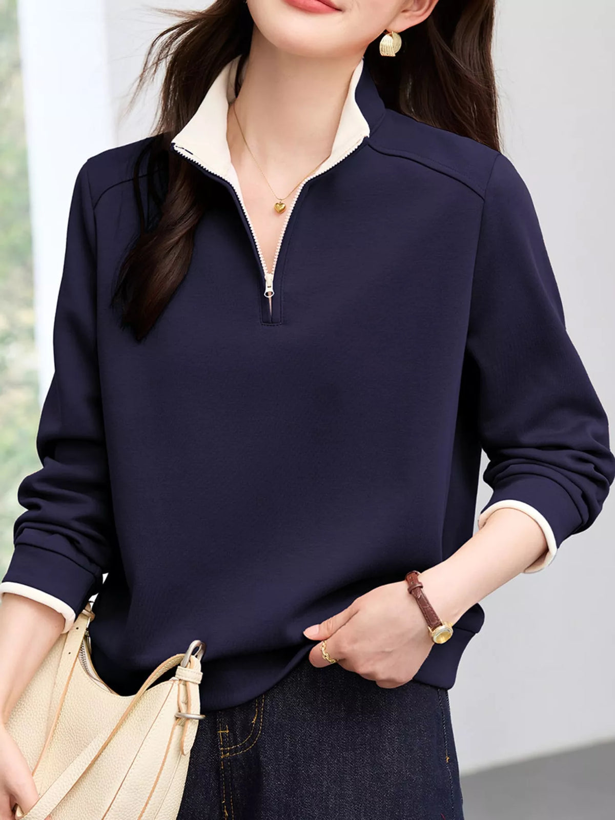 Quarter-Zip Sweatshirt with Contrast Collar in royal blue