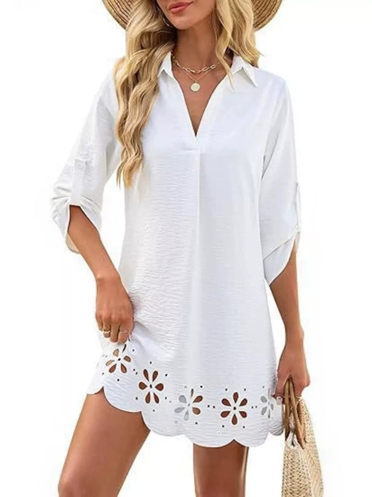 Trendsi Scalloped Eyelet Hem Roll-Up Sleeve Dress -