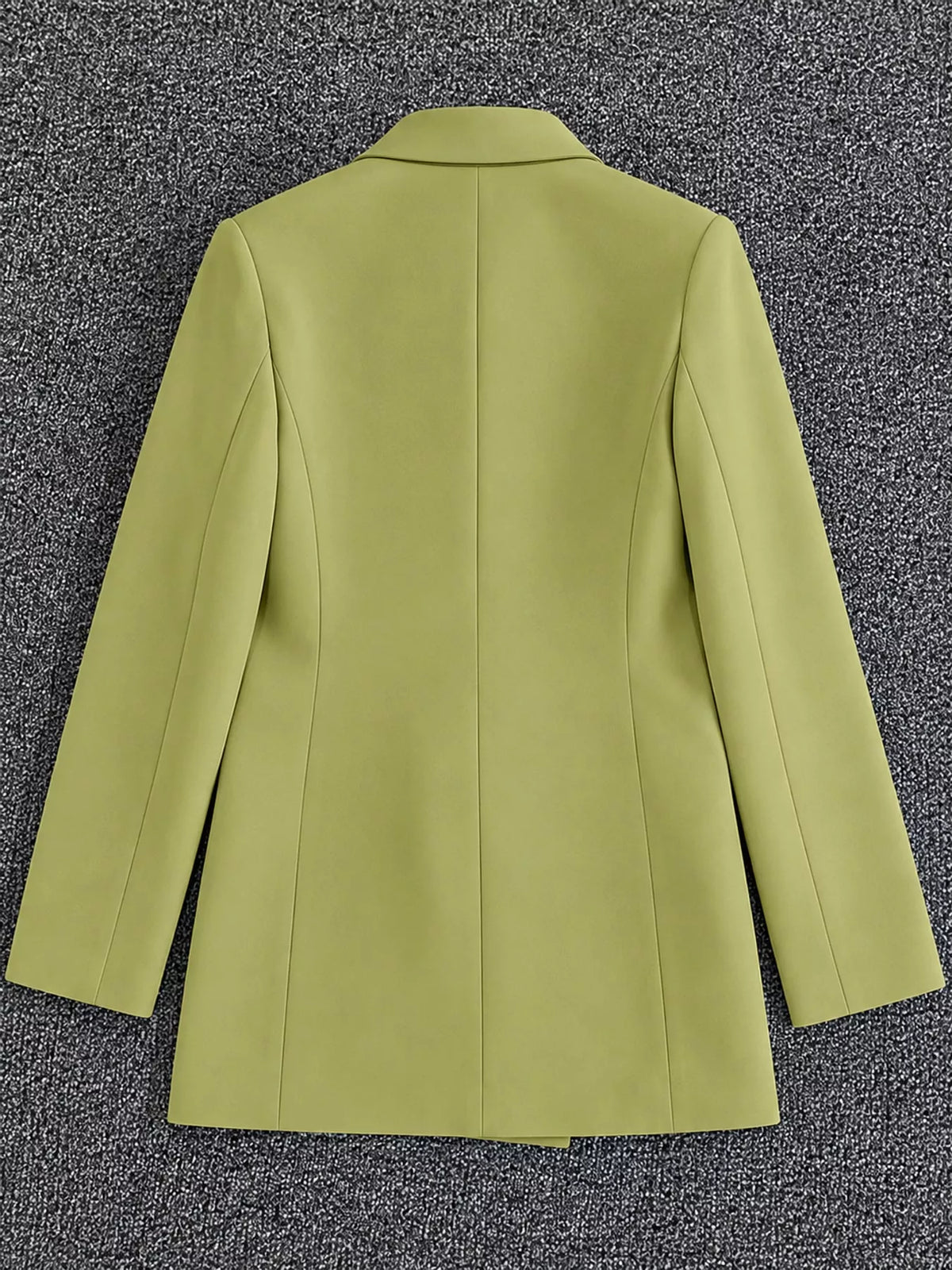 Olive green double-breasted lapel collar blazer, back view