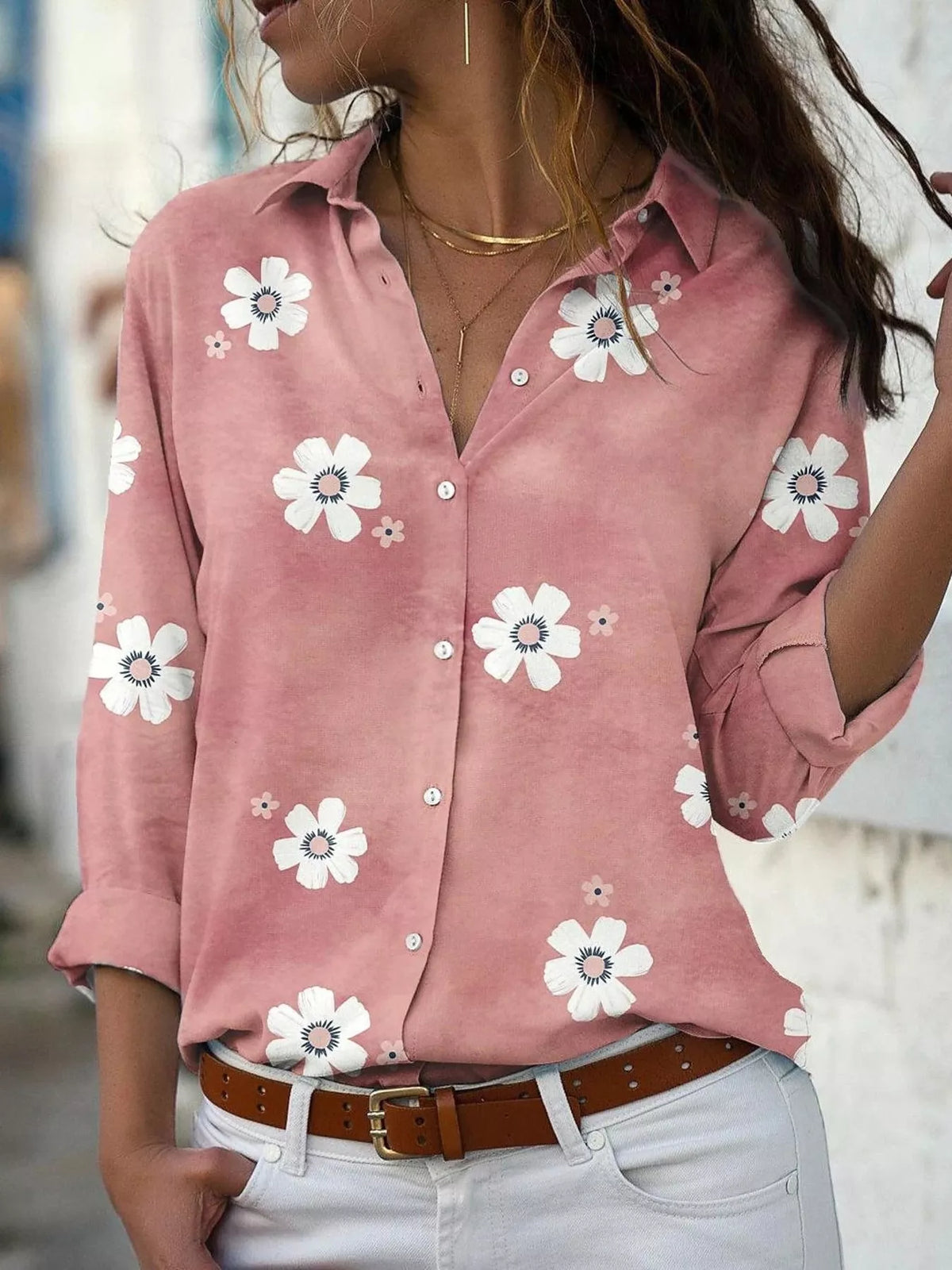 Dusty Pink Floral Print Button-Down Casual Shirt front view